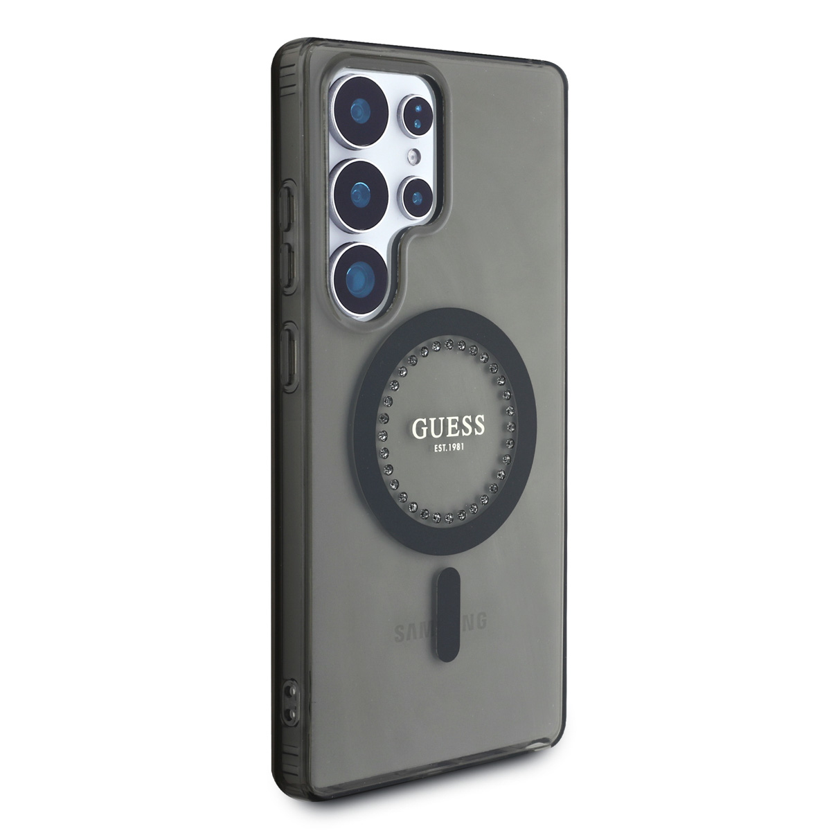 Eine dunkelgraue Handyhülle mit Guess-Logo und einem Magnetring auf der Rückseite.