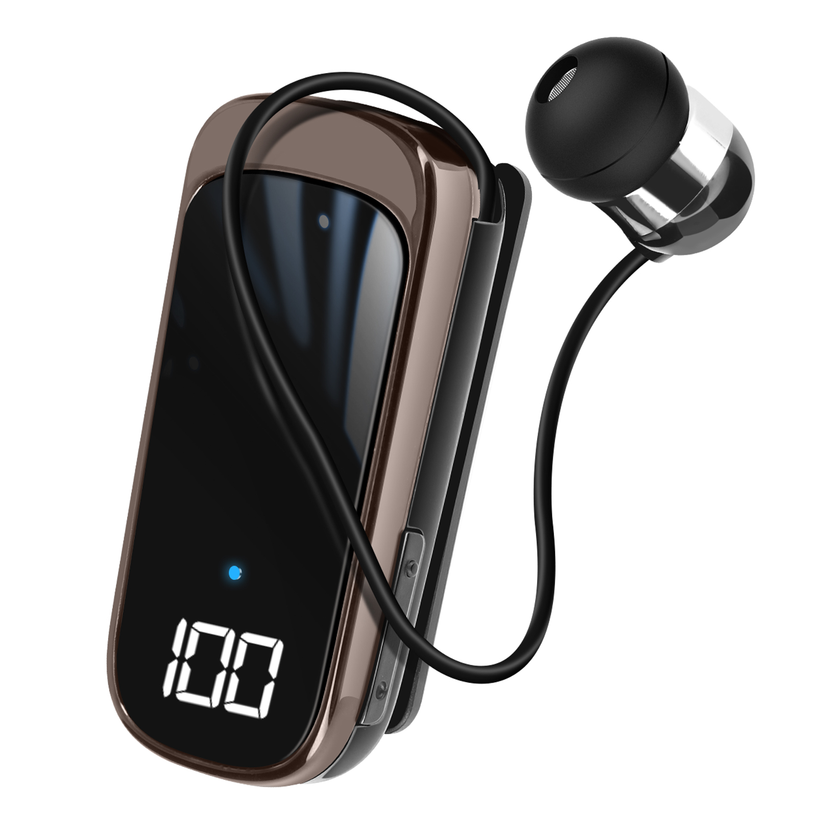 Auricolare Bluetooth a clip marrone con display digitale '100' e luce blu.