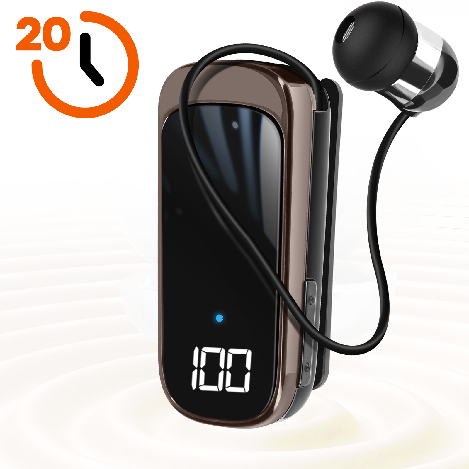 Auricolare Bluetooth nero e marrone, con schermo che mostra '100'. È visualizzato un timer di 20 minuti.