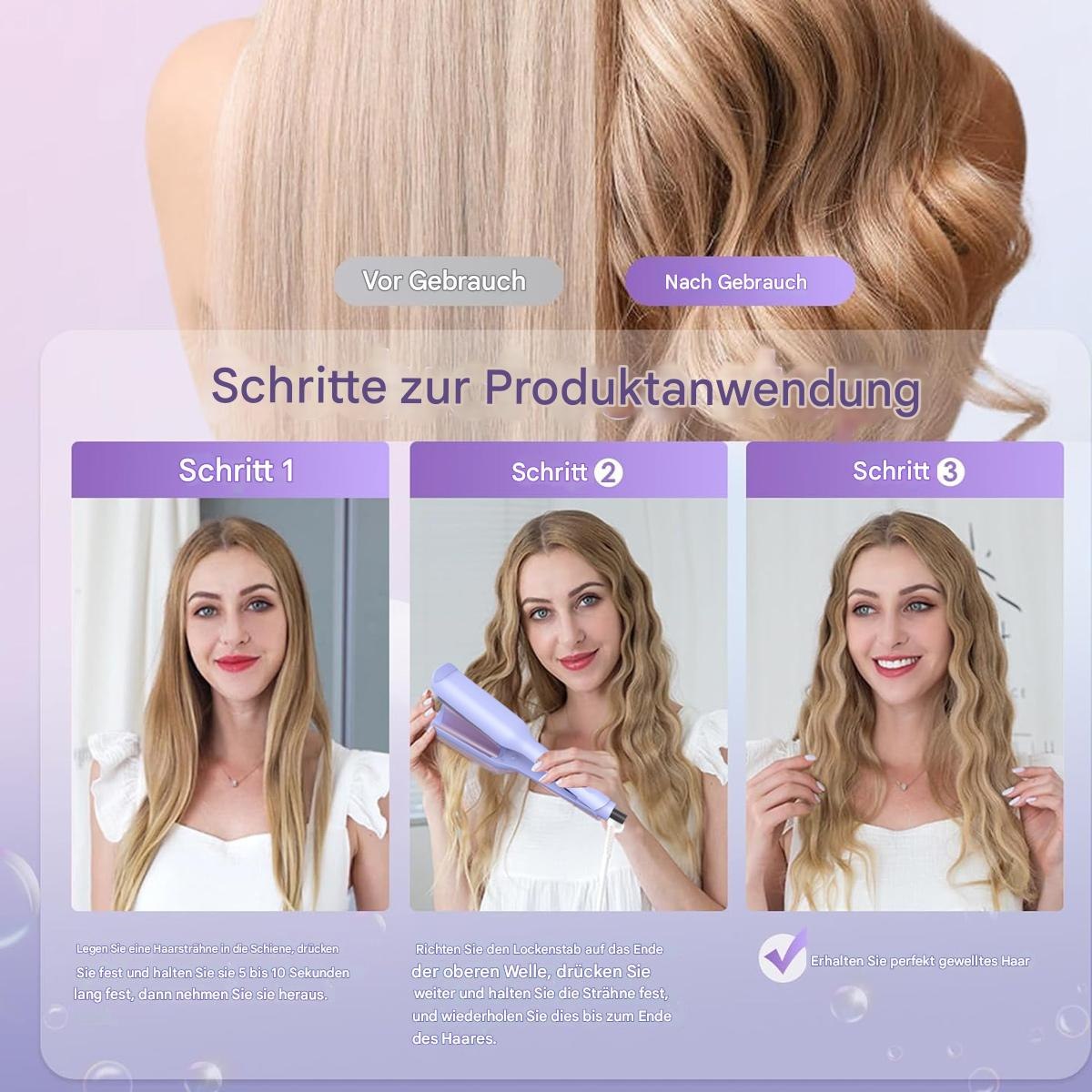 Eine dreistufige Anleitung zum Locken der Haare mit einem Lockenstab. Drei Frauen werden gezeigt, die das Eisen benutzen.