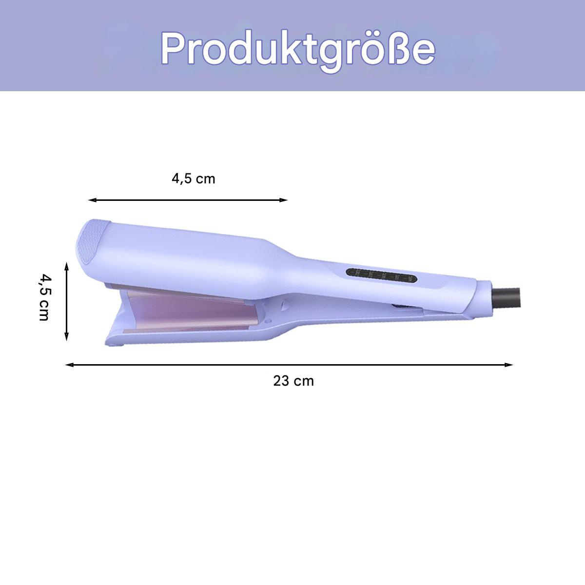 Haarglätter mit Abmessungen. Es ist hellviolett und zeigt Länge, Breite und Höhe in cm.