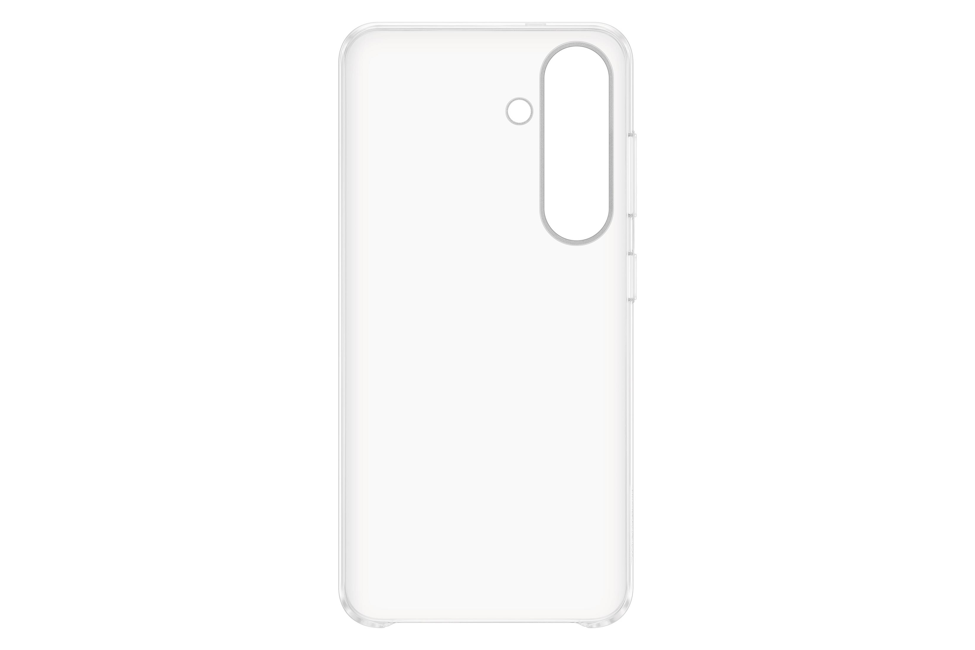 Una custodia trasparente per telefono con un foro per la fotocamera e i pulsanti. È su sfondo bianco.