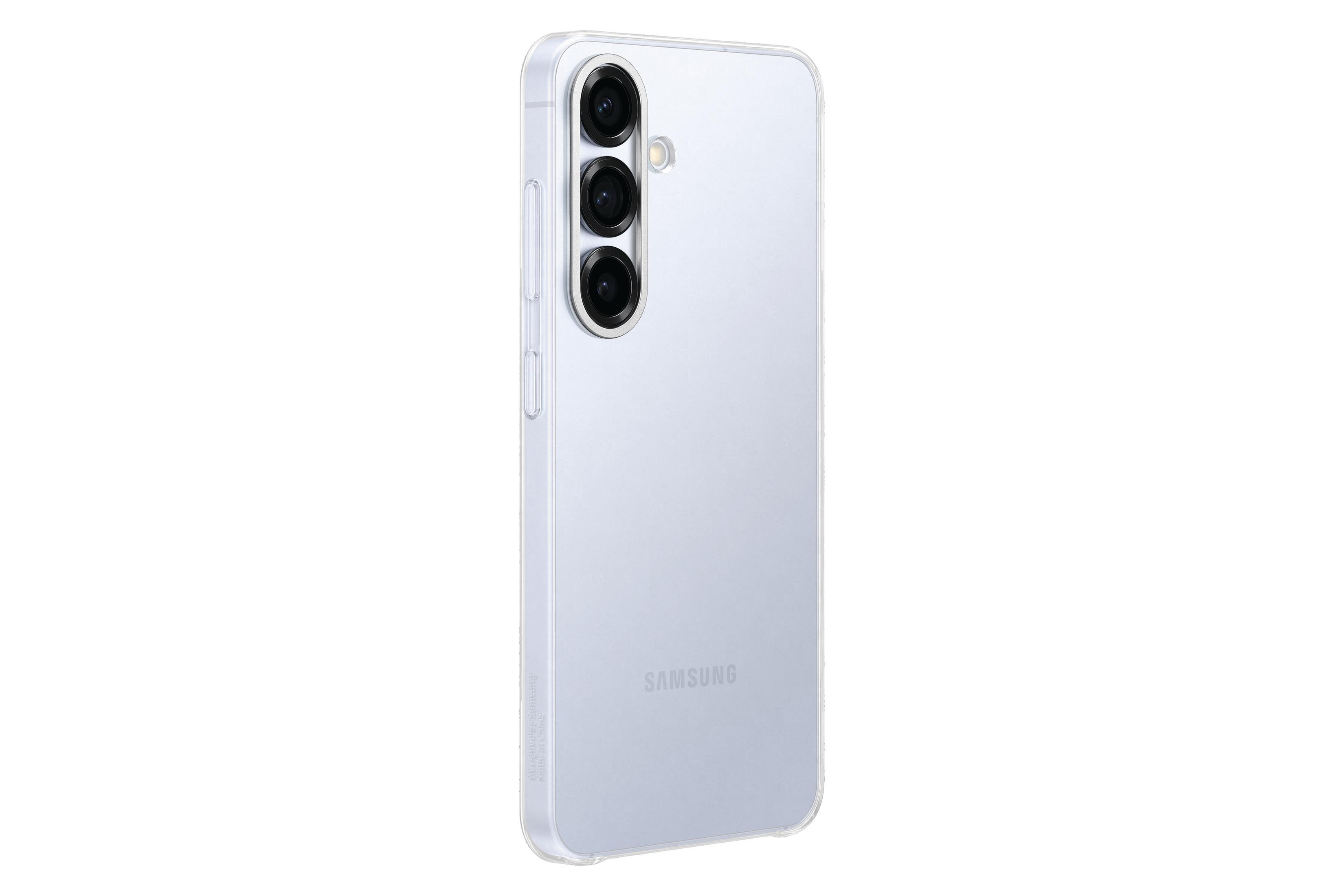 Telefono Samsung azzurro in una custodia trasparente, vista posteriore, su sfondo bianco.