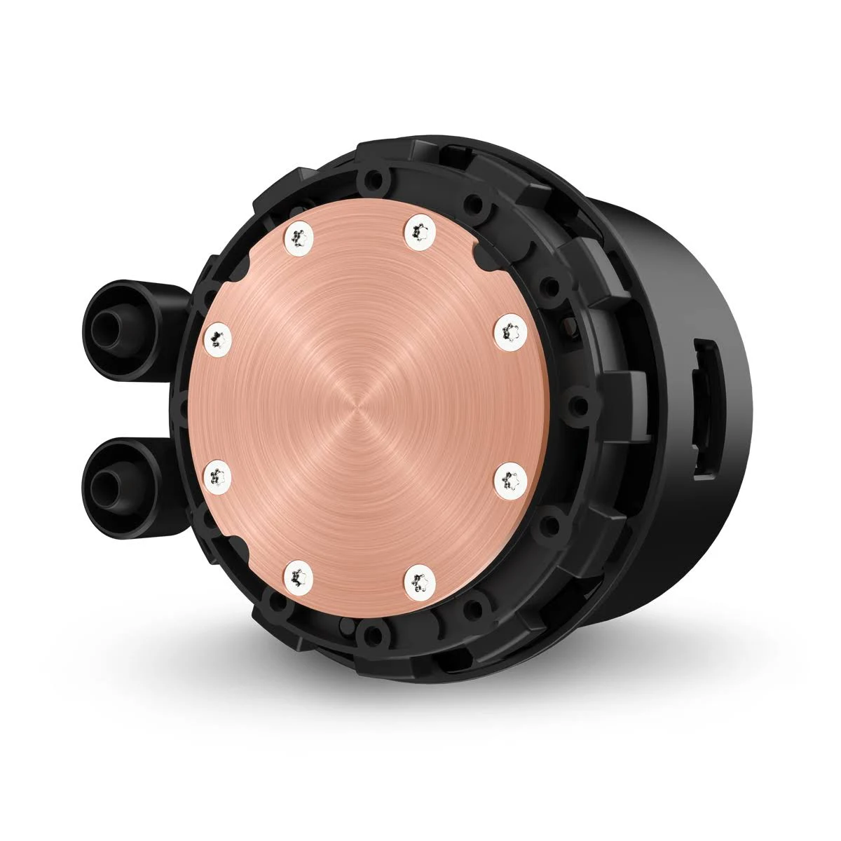 Close-up of a computer water cooling system. Copper plate with screws, black plastic casing.