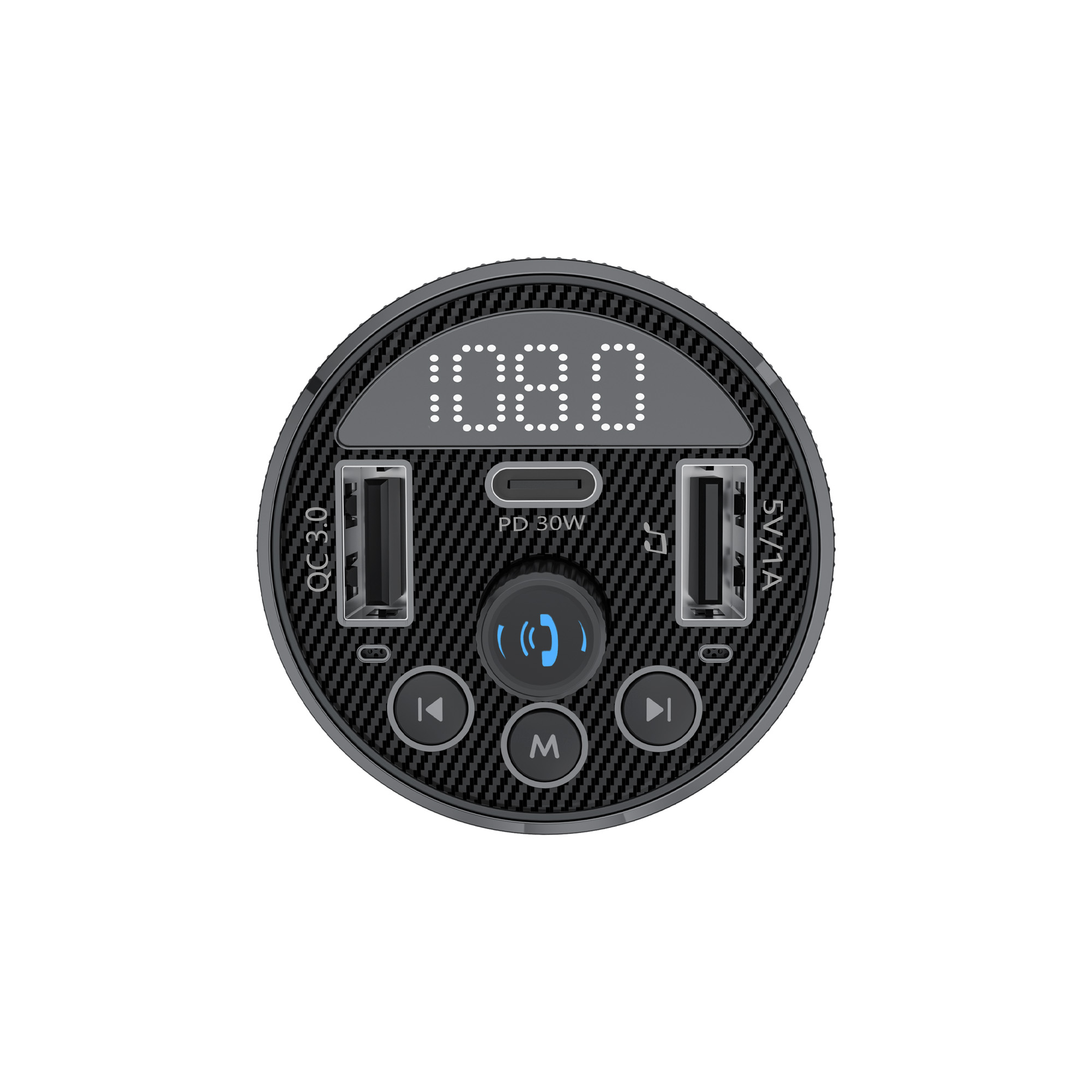 Schwarzes Autoladegerät mit Display, USB-Anschlüssen und Bedientasten. Eingesteckt.