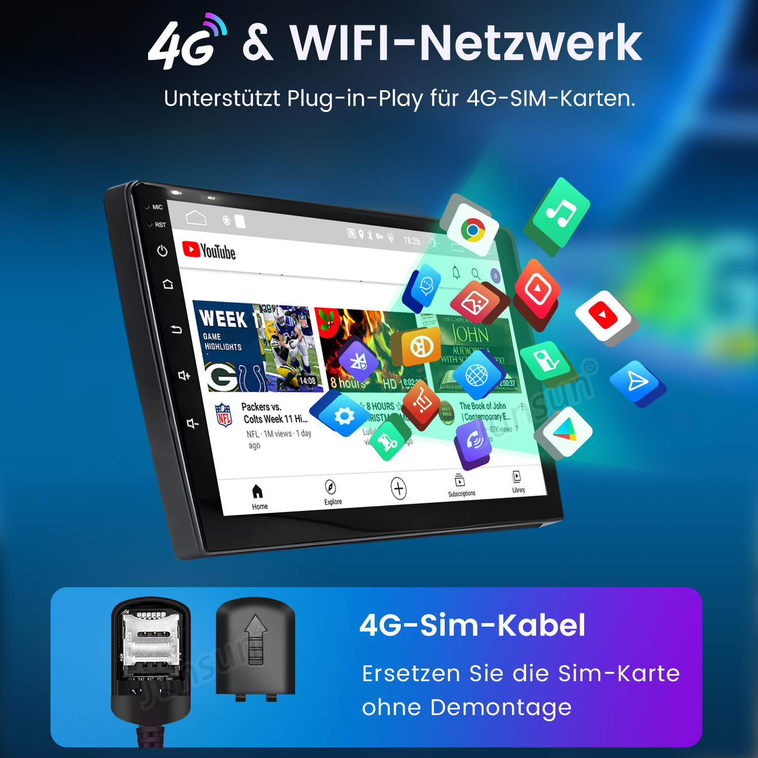 Ein Autoradio mit Bildschirm. Es hat Symbole für verschiedene Apps und ein 4G-Sim-Kabel.