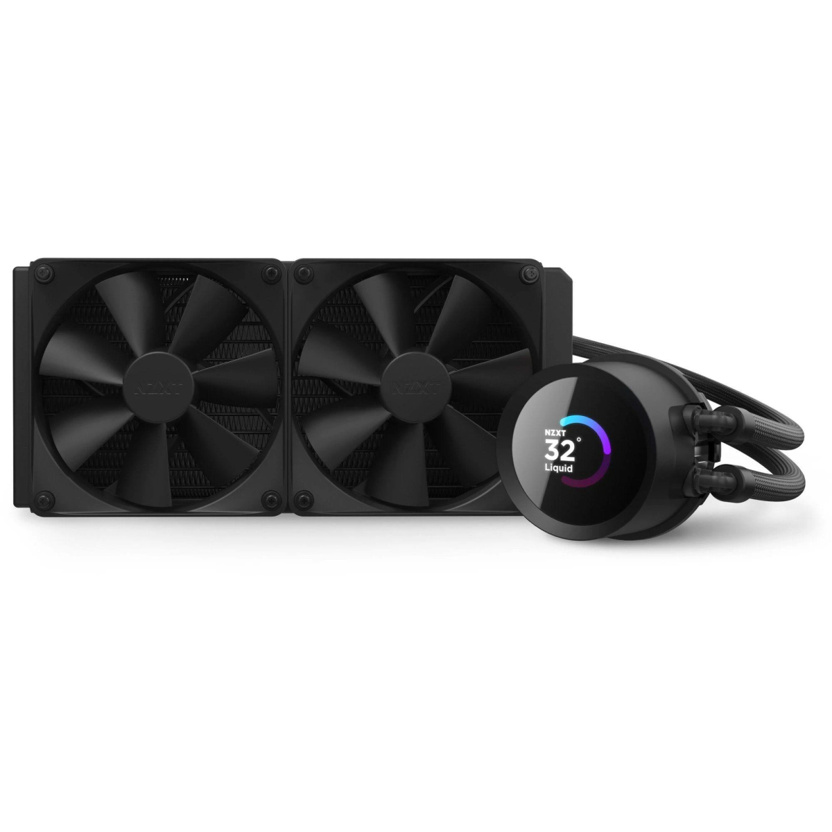 Black computer liquid cooler with two fans and a circular display. White background.