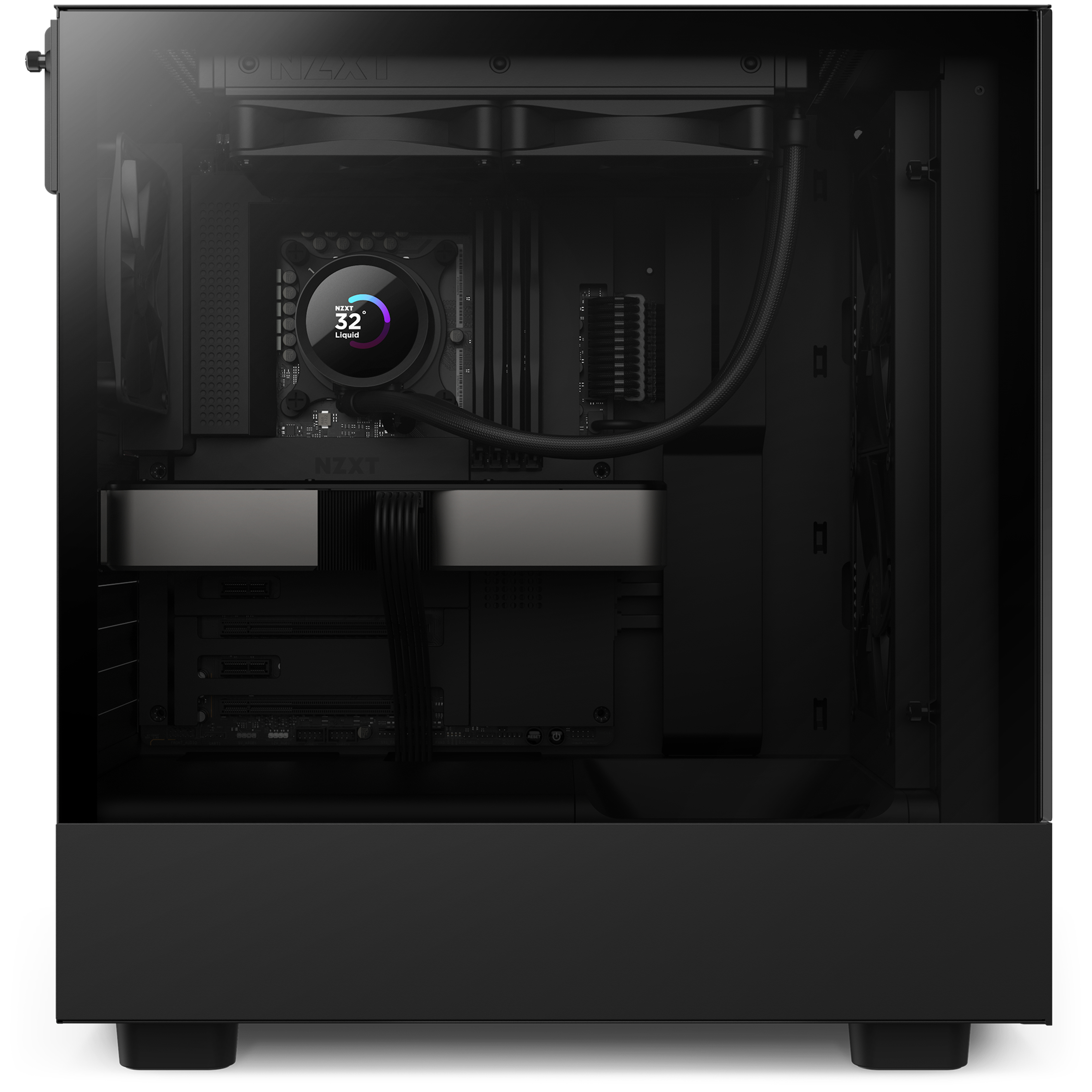 Inside of a black computer case. Components include a cooler and a GPU.
