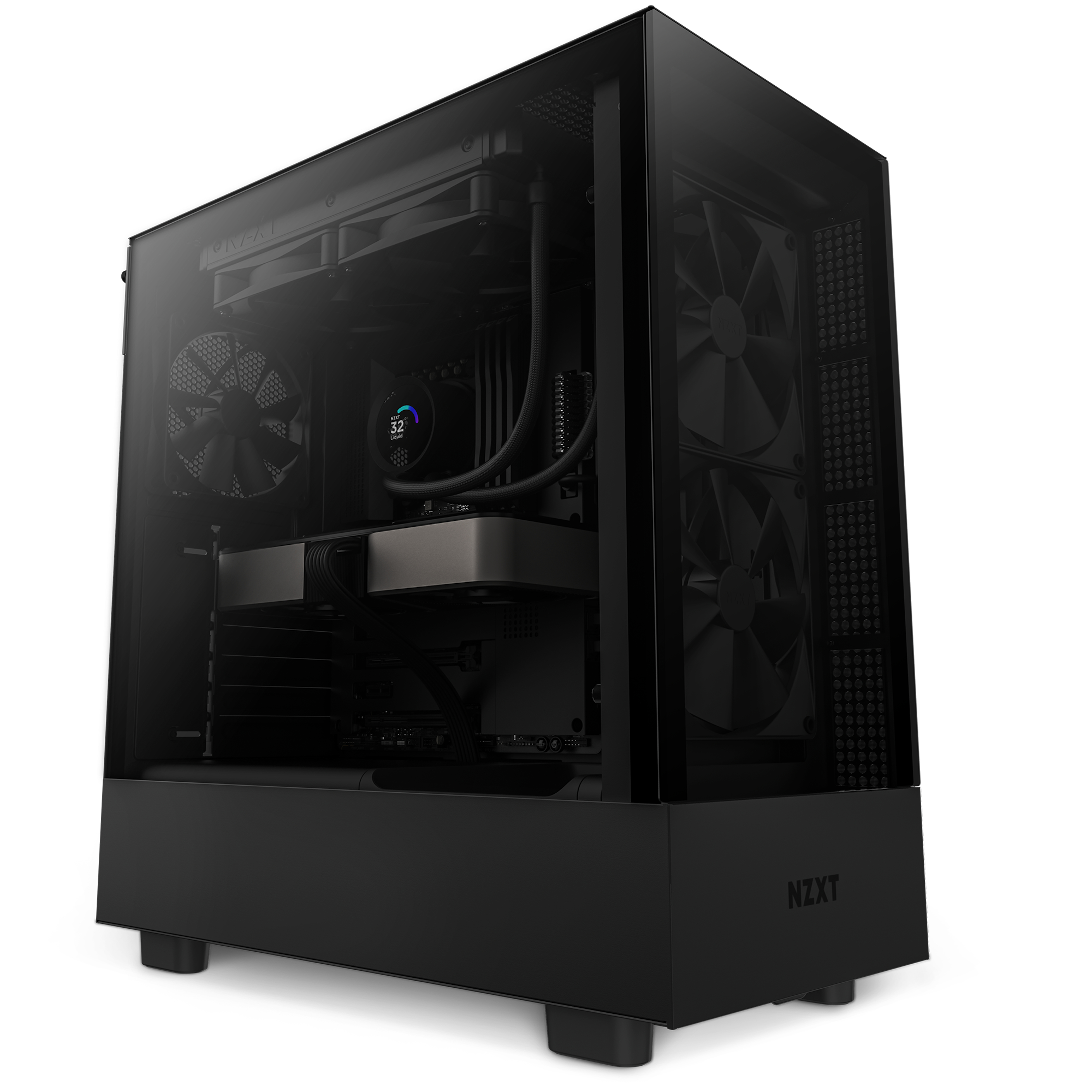 A black computer case with a transparent side panel, showcasing internal components.