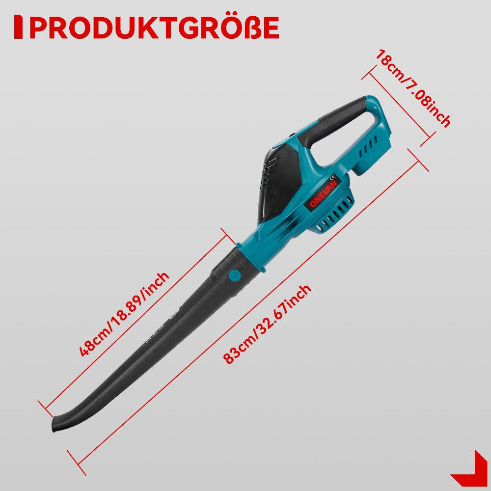 Diagramm, das die Abmessungen des Laubbläsers in Zentimetern und Zoll zeigt. Weißer Hintergrund.