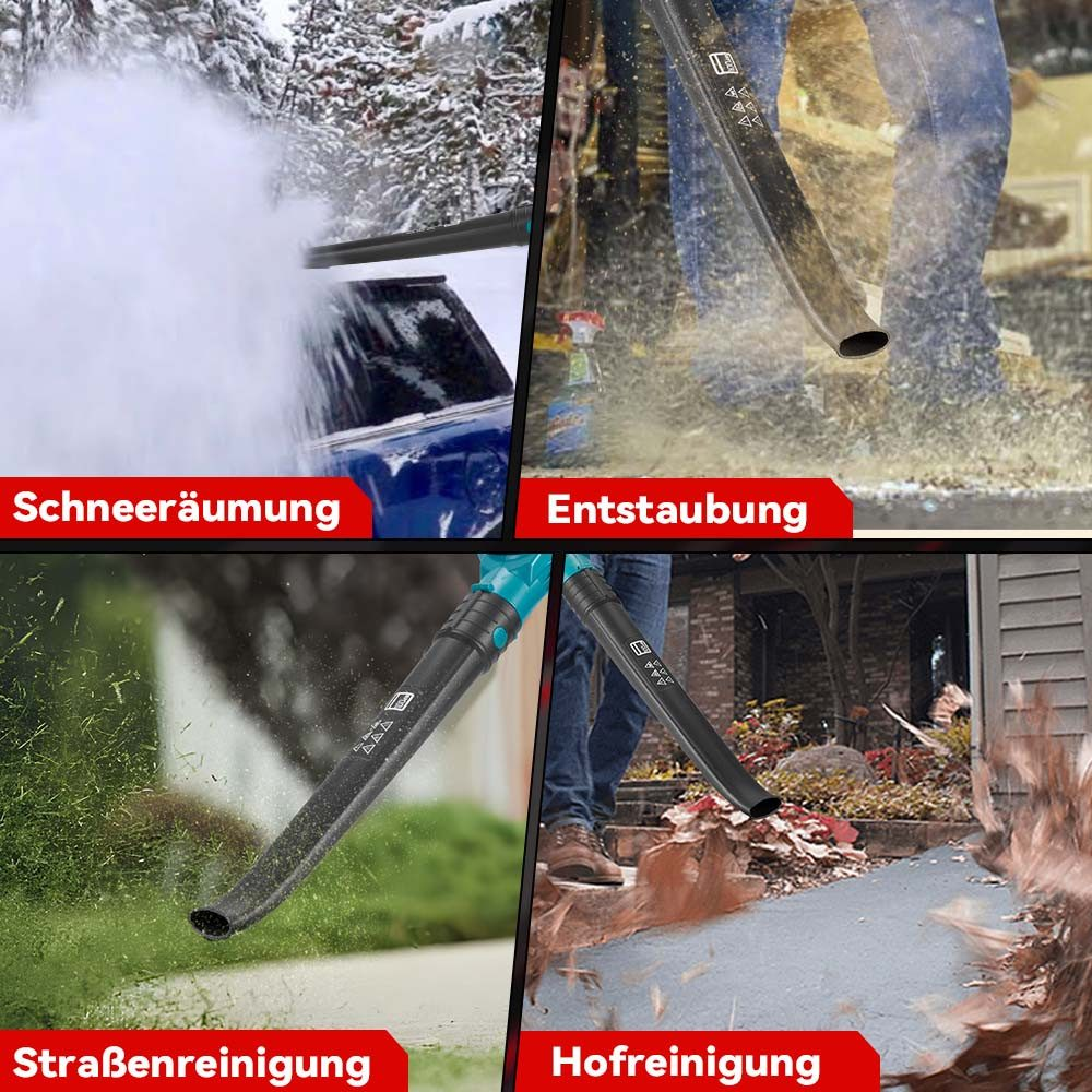 Vier Bilder zeigen ein Gebläse, das zum Schneeräumen, zur Staubentfernung, zur Straßenreinigung und zur Hofreinigung verwendet wird.
