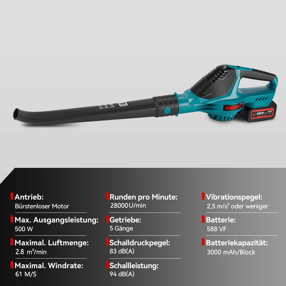 Ein Bild mit den Spezifikationen eines Laubbläsers, einschließlich Motortyp, U/min und Batteriekapazität.