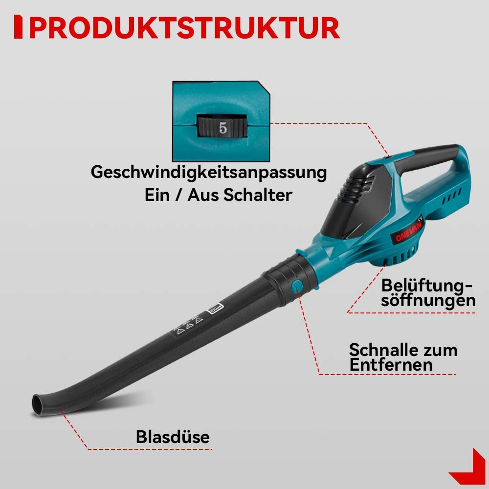 Ein elektrisches Laubgebläse. Etiketten zeigen Geschwindigkeitseinstellungen, Lüftungsöffnungen und Düse.