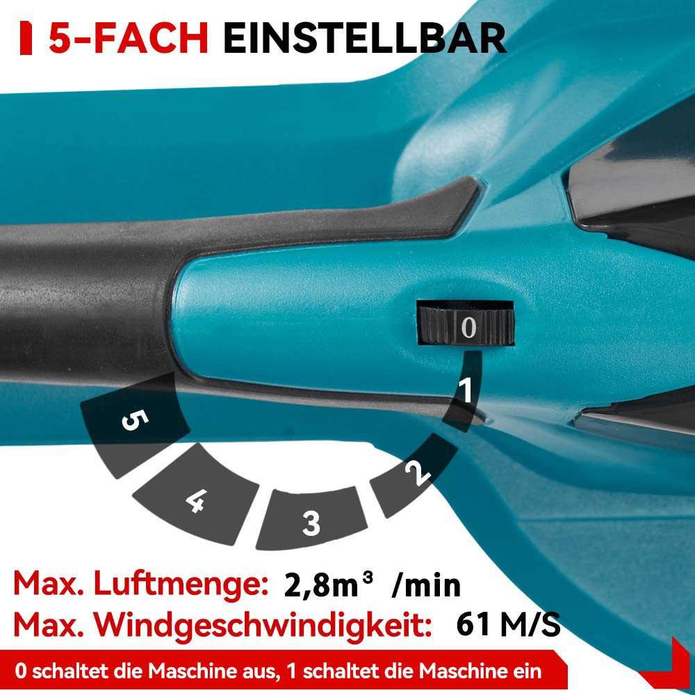 Nahaufnahme der Geschwindigkeitseinstellungen eines Laubbläsers. Es ist in fünf Einstellungen einstellbar, mit den Zahlen 0-5.