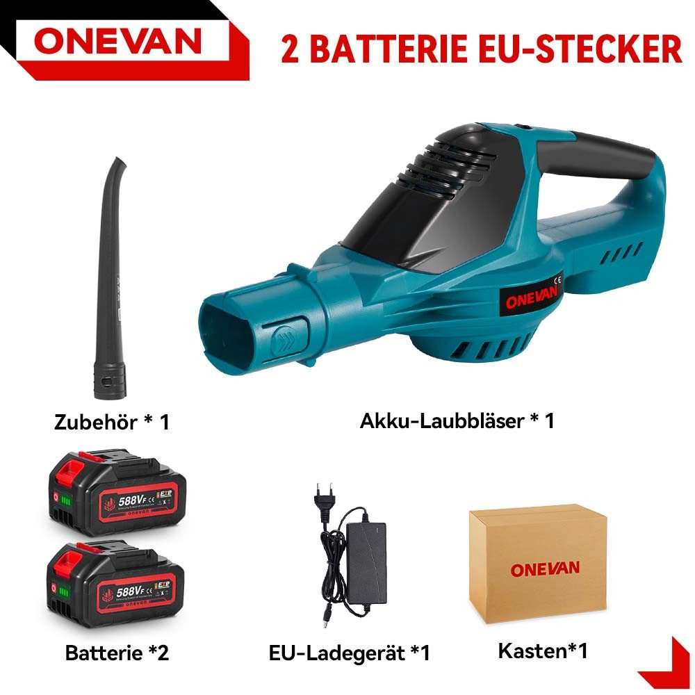 Ein Laubbläser mit Zubehör, Batterien und Ladegerät, mit Textbeschriftungen.