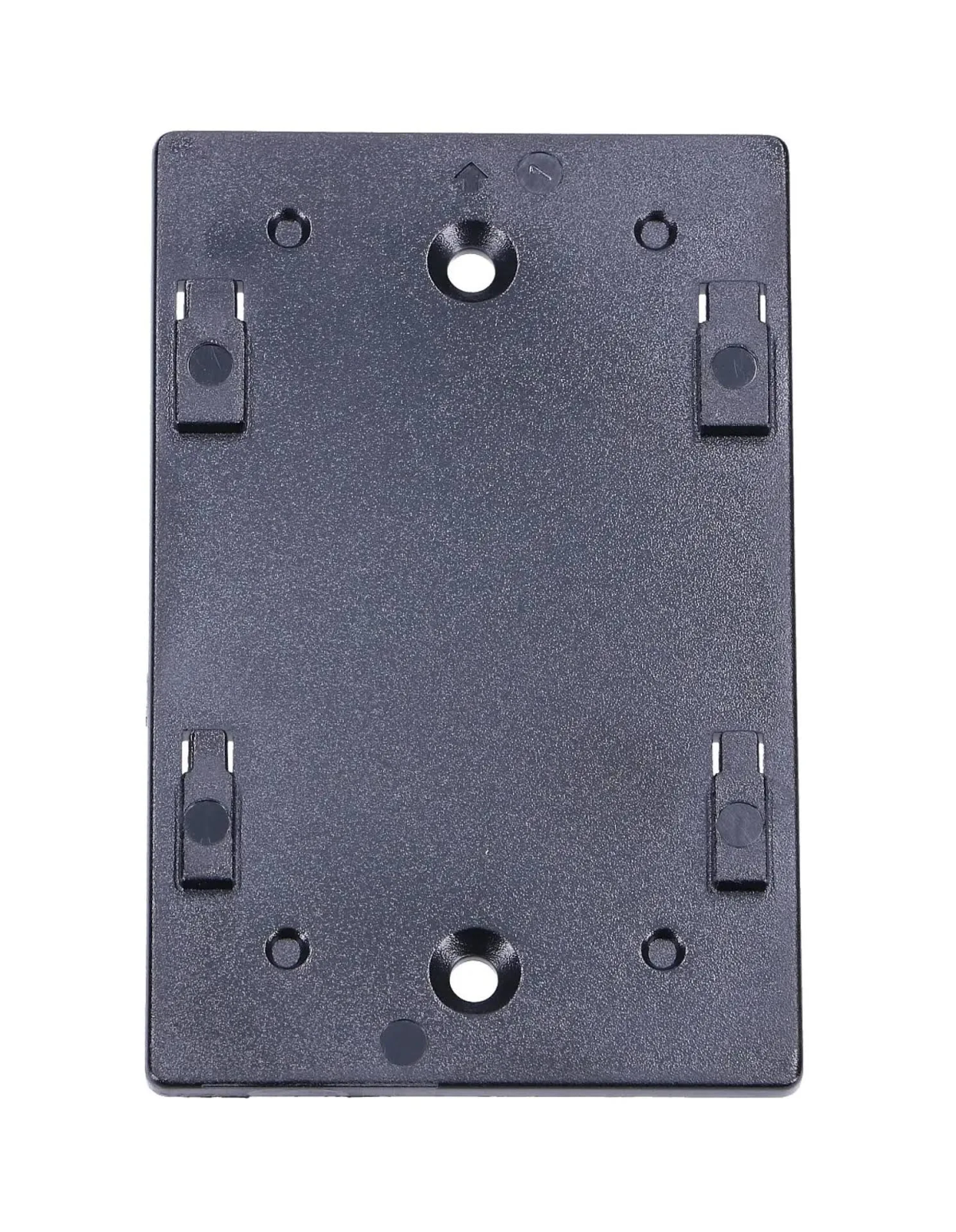 Czarna plastikowa płyta montażowa z otworami na śruby, na białym tle.