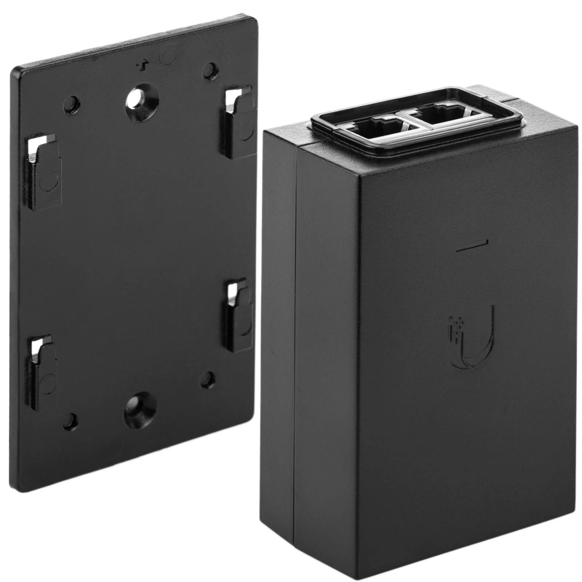 Czarny prostokątny pojemnik z uchwytem montażowym na białym tle.