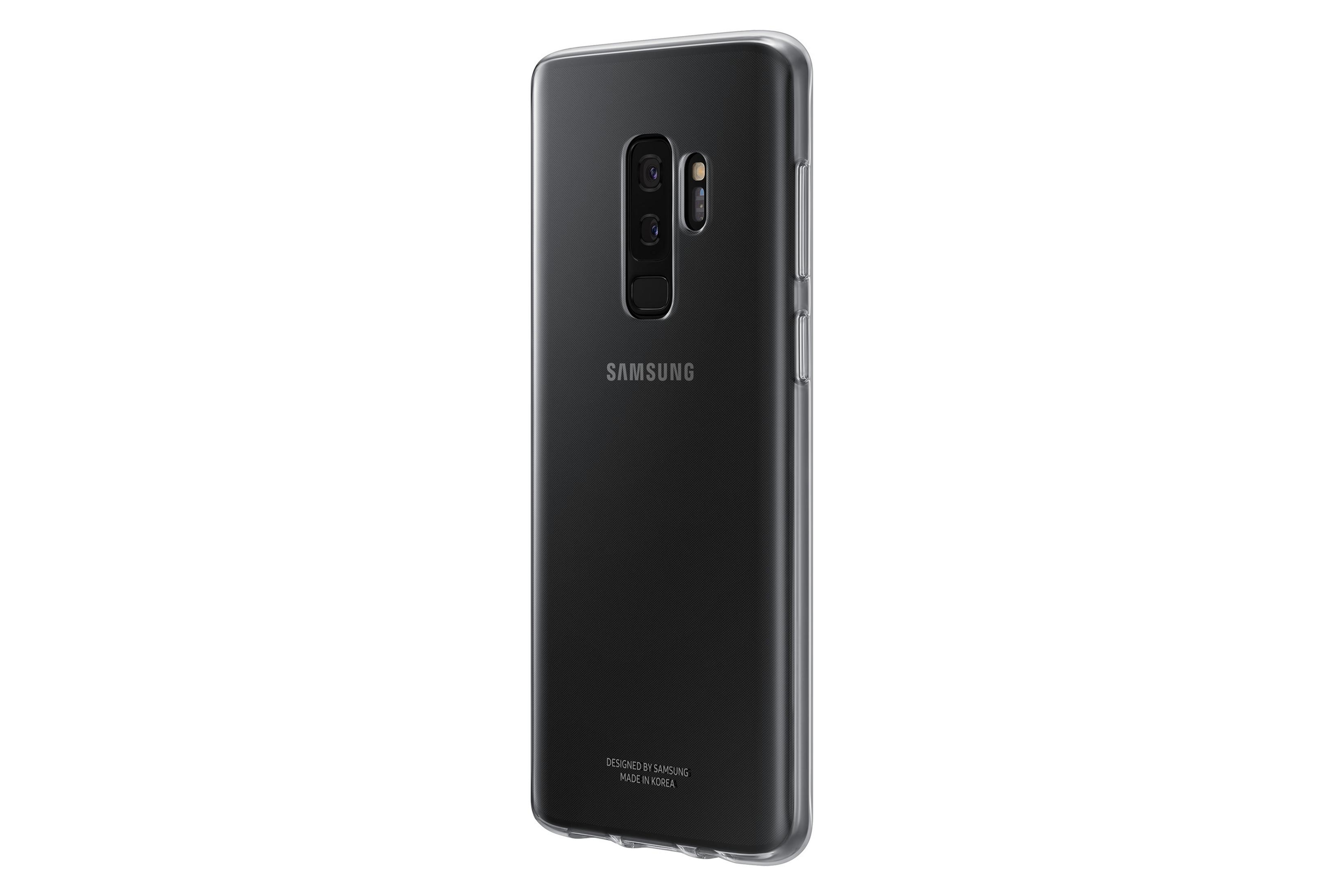 Telefono Samsung nero con custodia trasparente, vista posteriore, su bianco.