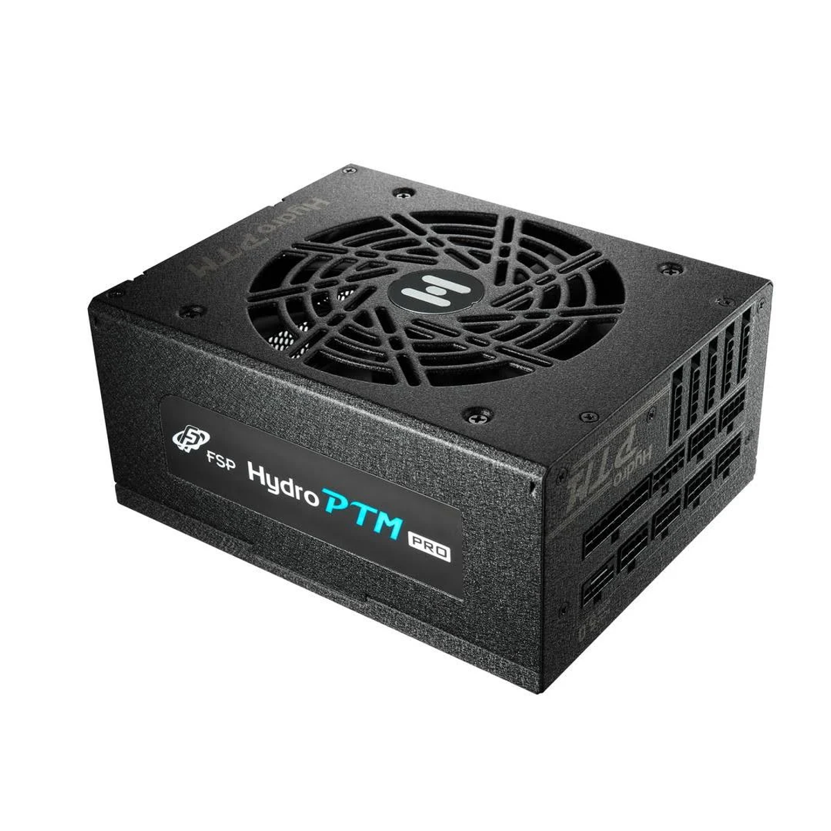 Czarny zasilacz z wentylatorem i logo, na białym tle.