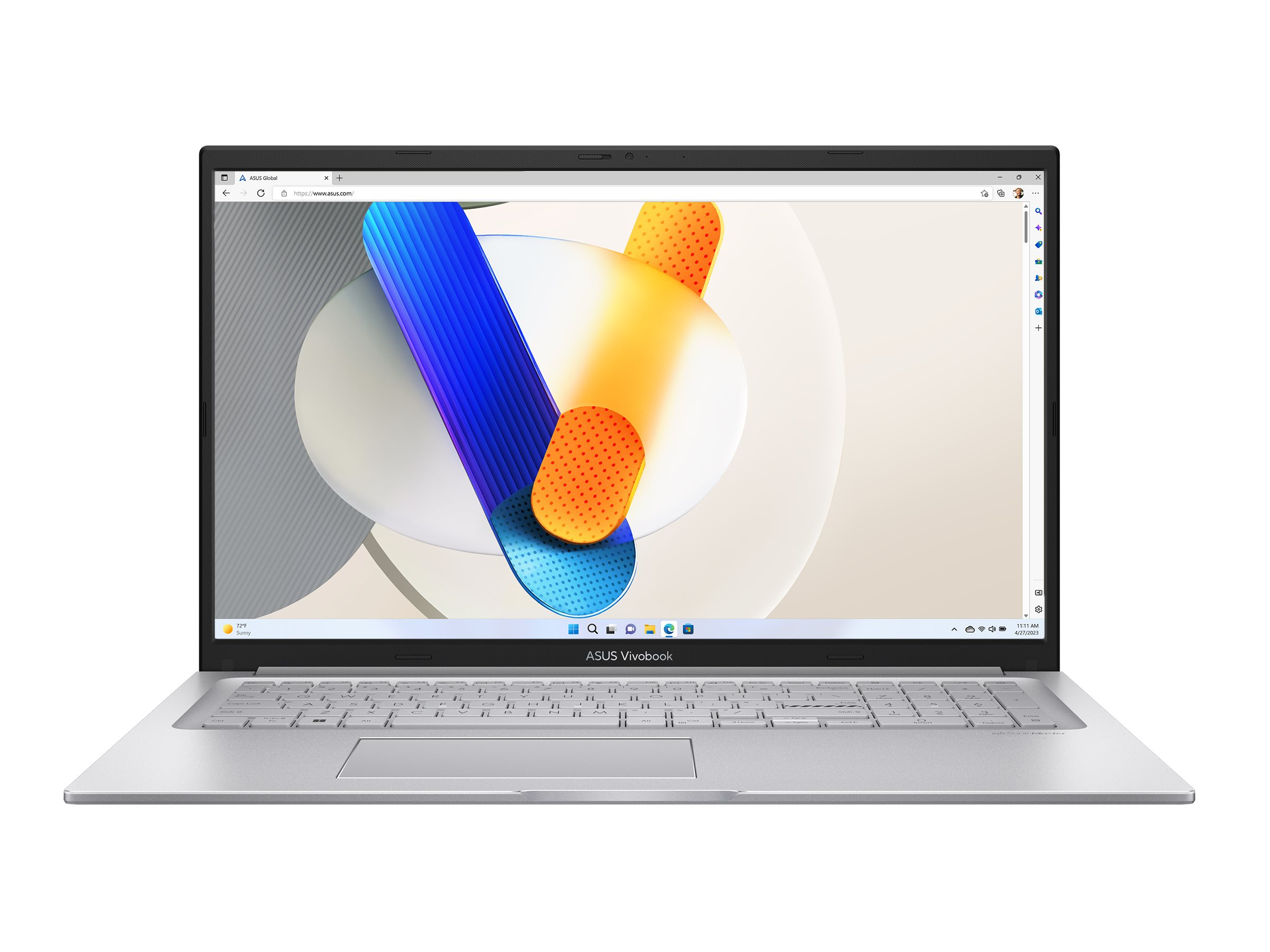 Ein silbernes ASUS Vivobook-Laptop, geöffnet, mit buntem, abstrakten Hintergrund auf dem Bildschirm.