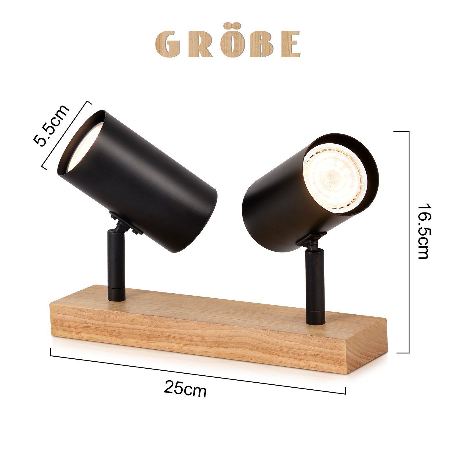 Due faretti neri su base in legno, con misure. Testo in alto.