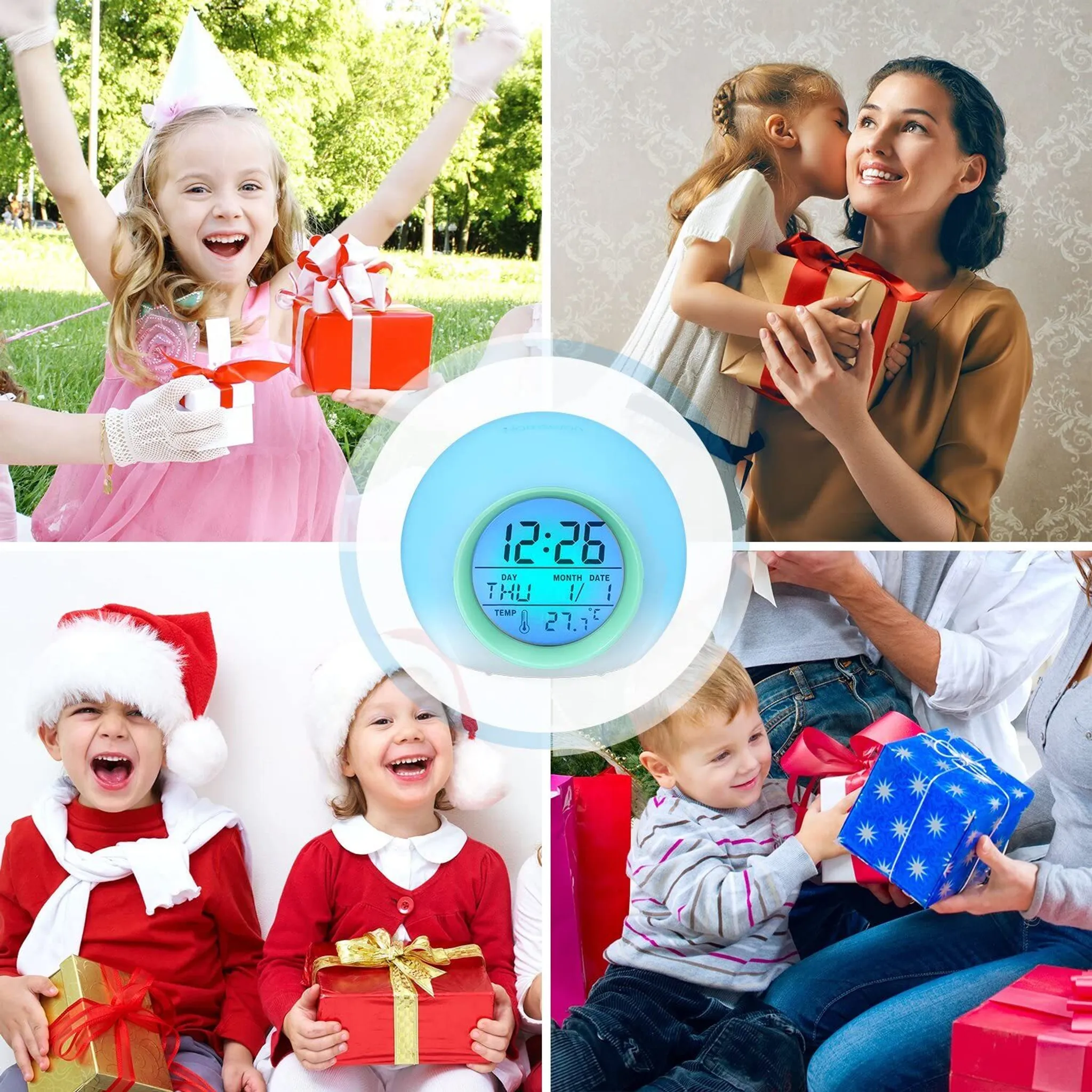 Eine Collage mit Kindern und Erwachsenen, die Geschenke geben und empfangen, und eine Digitaluhr.