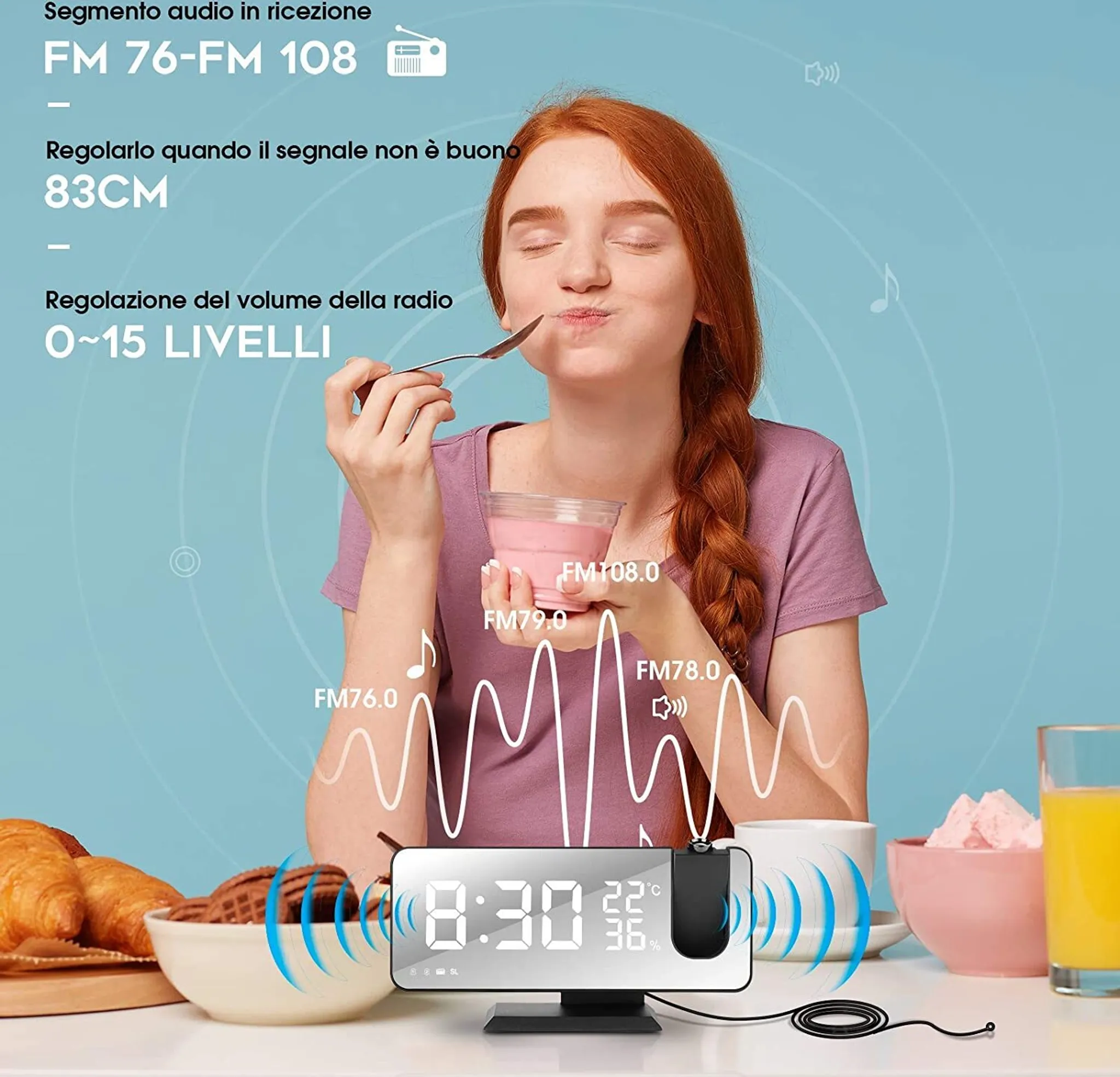 Eine Frau isst aus einer rosa Schüssel, mit einem digitalen Wecker und Lebensmitteln im Vordergrund. Eine Radioantenne ist sichtbar.