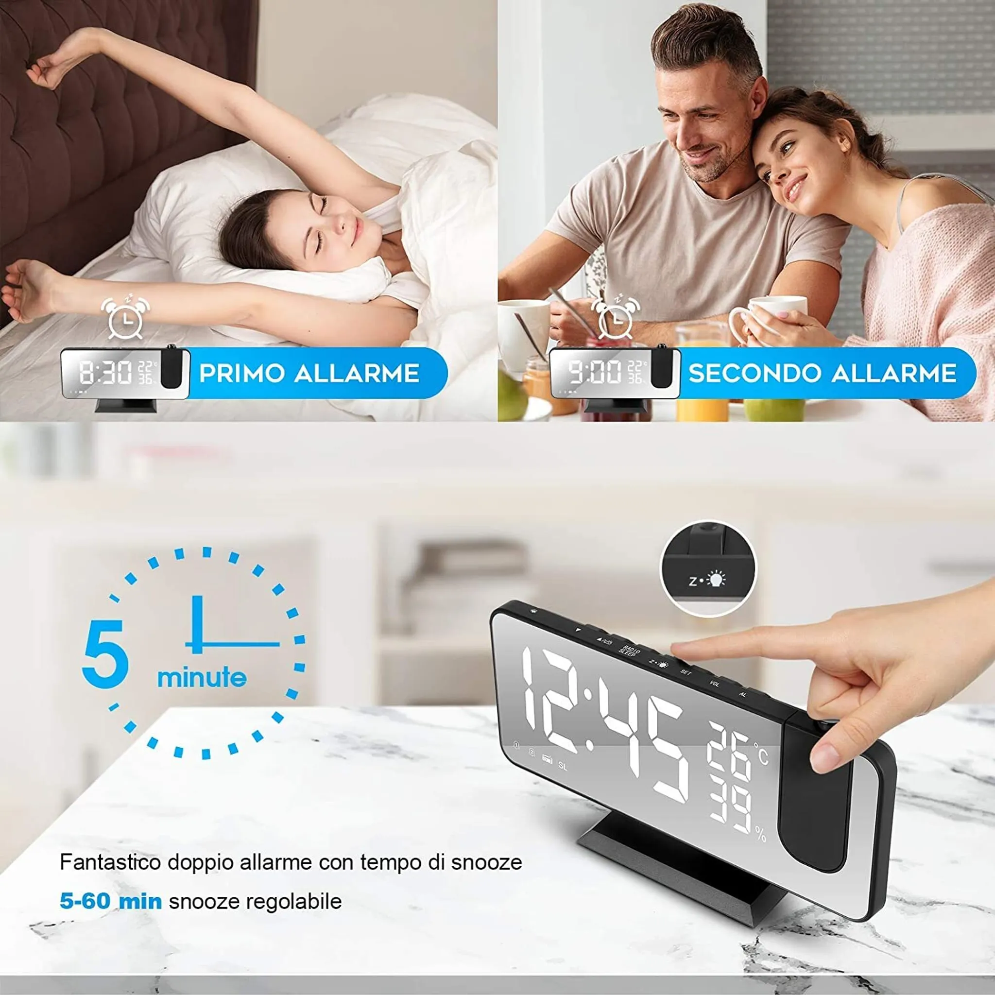 Ein Wecker zeigt die Uhrzeit an, im Hintergrund liegen Leute im Bett. Text: 'Erster Alarm' und 'Zweiter Alarm'.