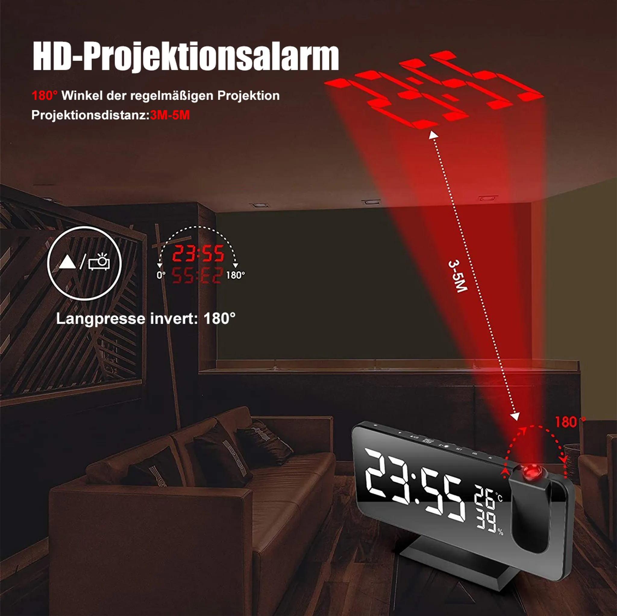 Uhr mit roter Projektion an der Wand, auf einem Tisch in dunklem Raum.
