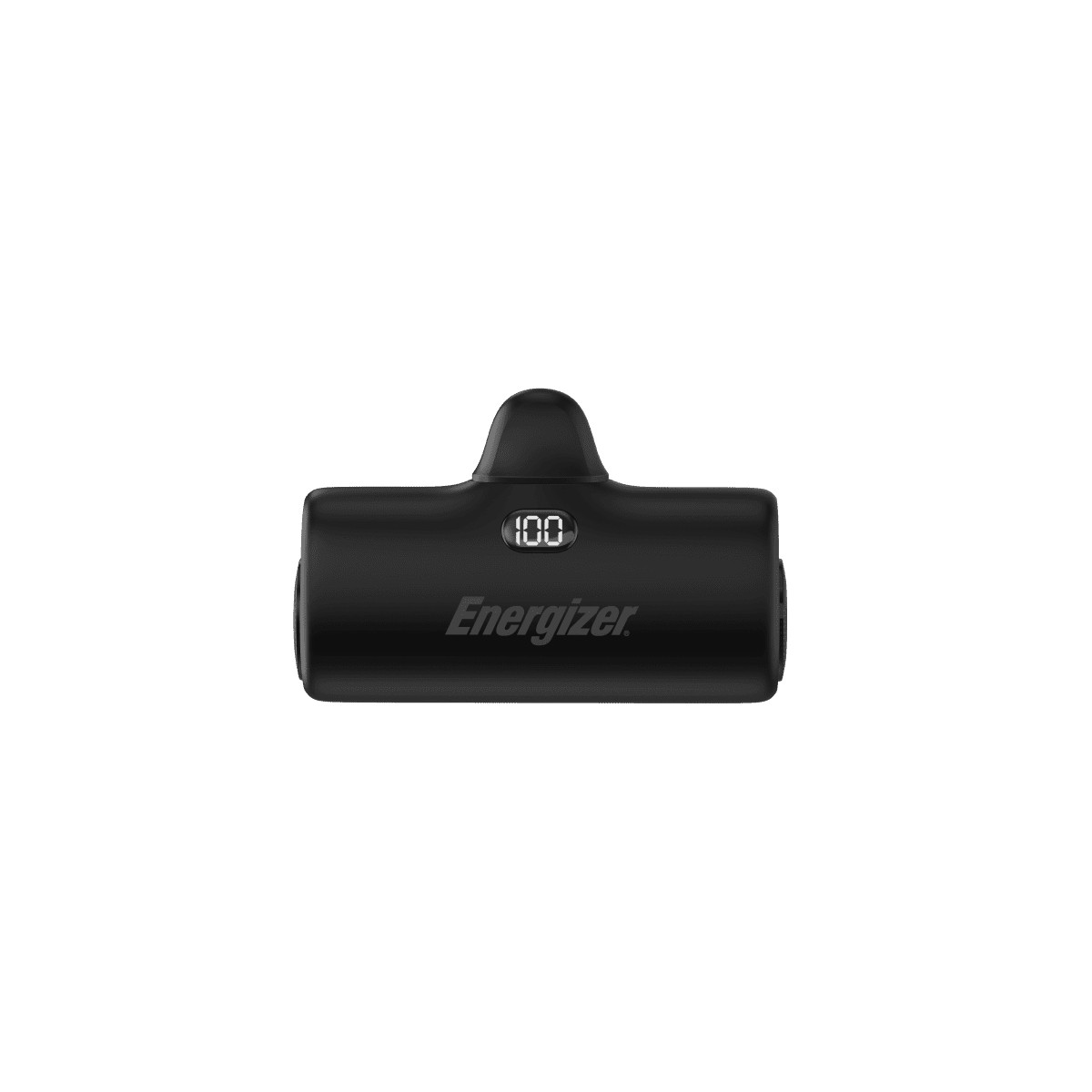 Power bank Energizer nera con display che mostra 100, isolata su sfondo bianco.