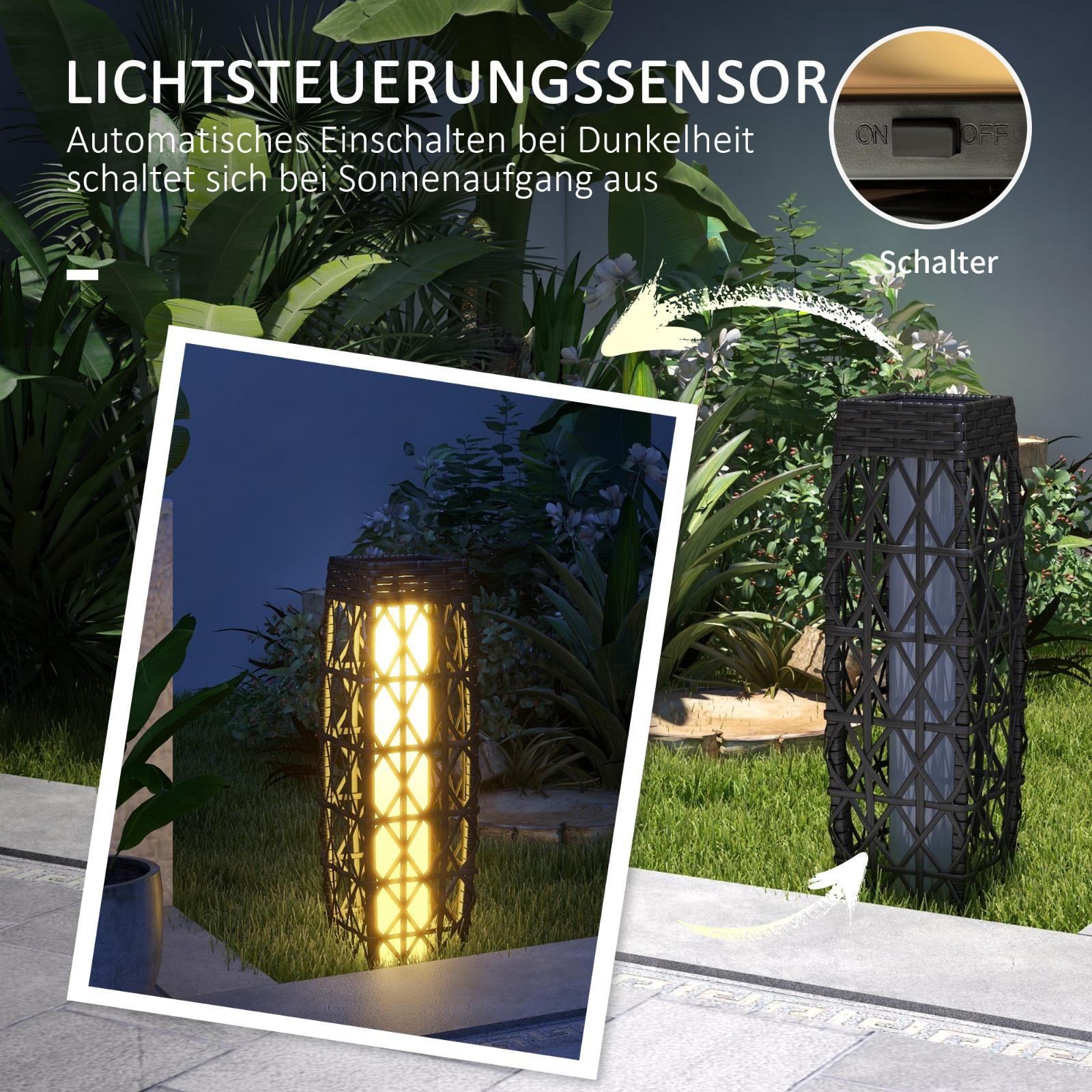 Außenlampe bei Nacht beleuchtet, mit Tagesfoto-Inset.