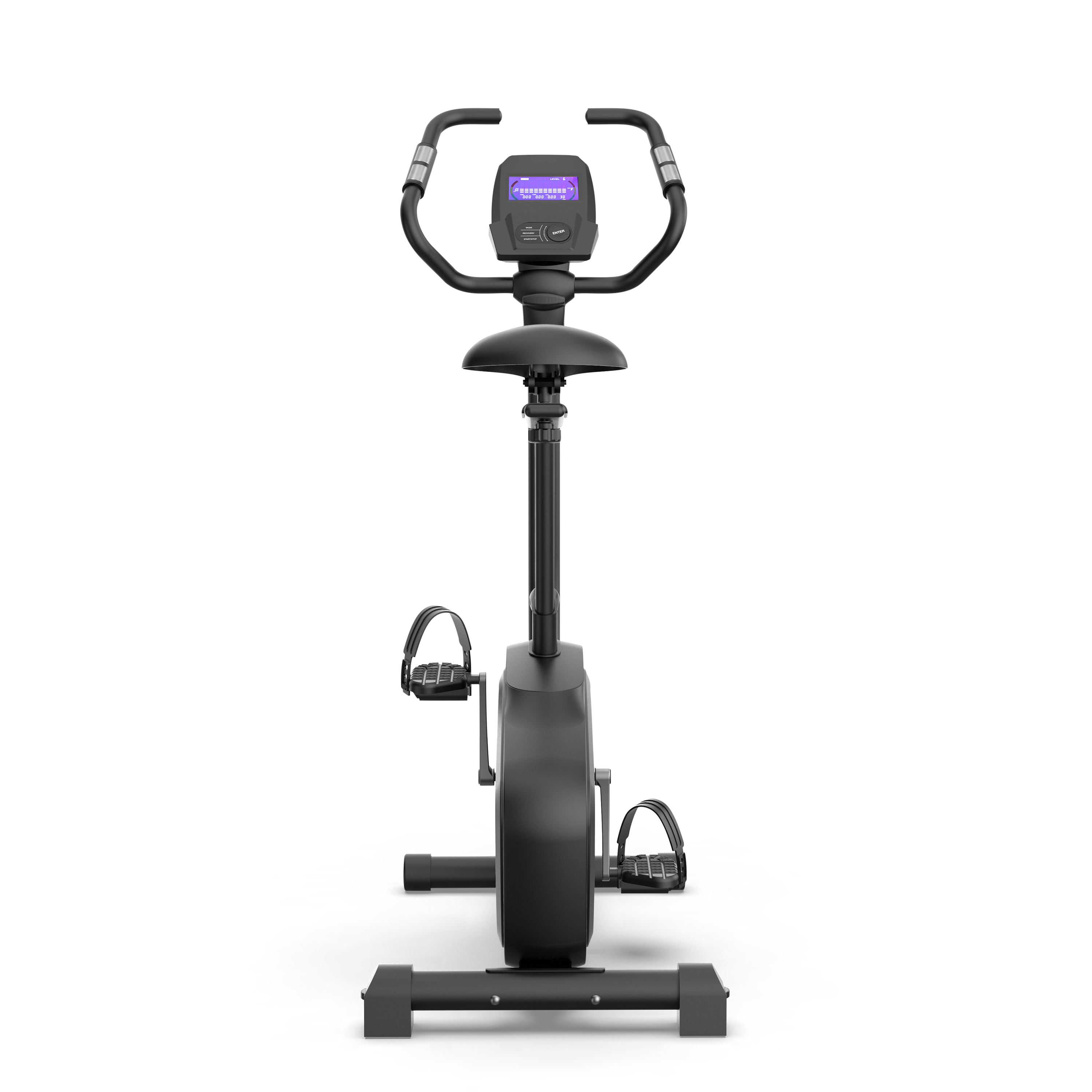 Schwarzes Trainingsfahrrad, Vorderansicht. Es hat ein Display und Pedale. Weißer Hintergrund.