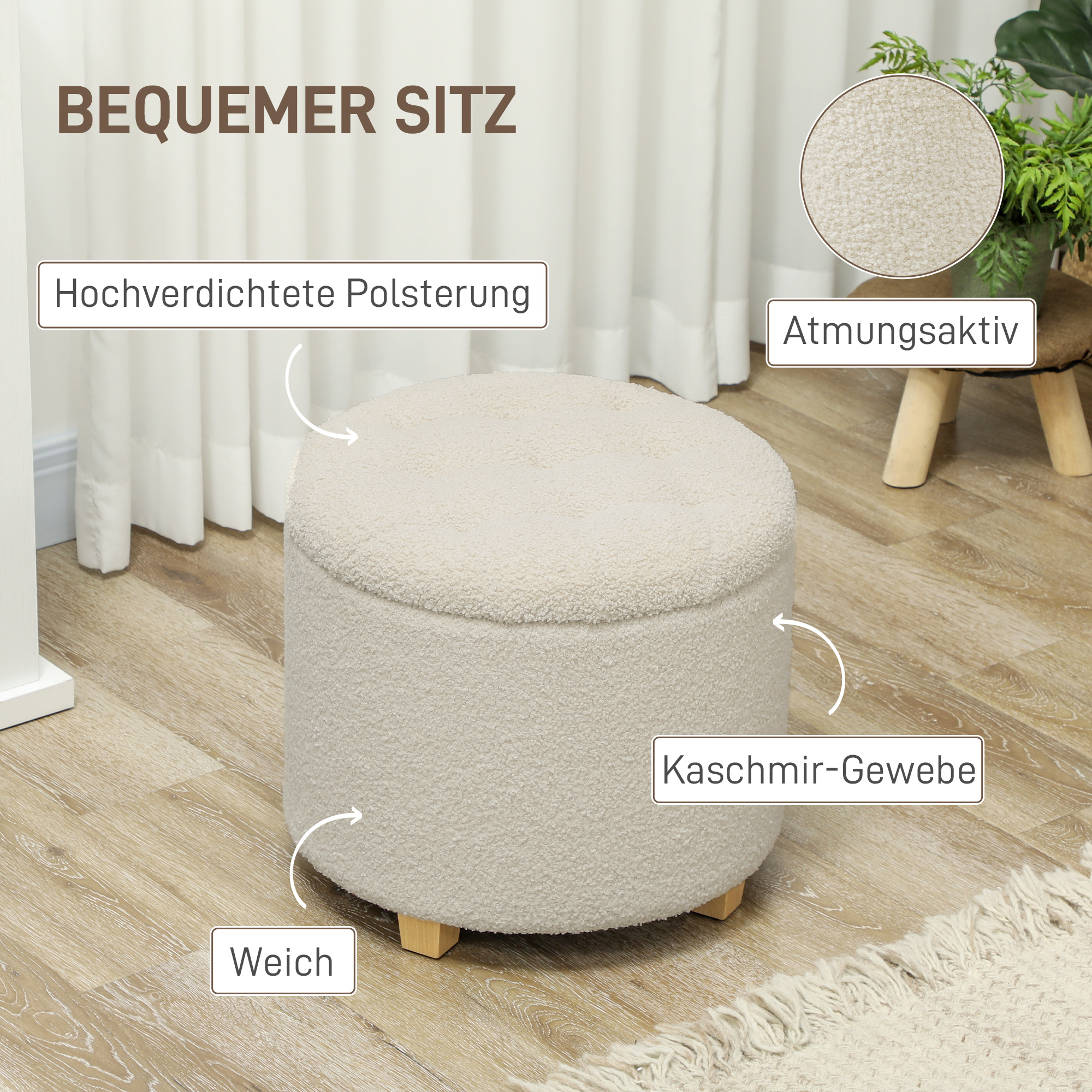 Cremefarbener runder Hocker mit Textbeschriftungen auf weißem Hintergrund.