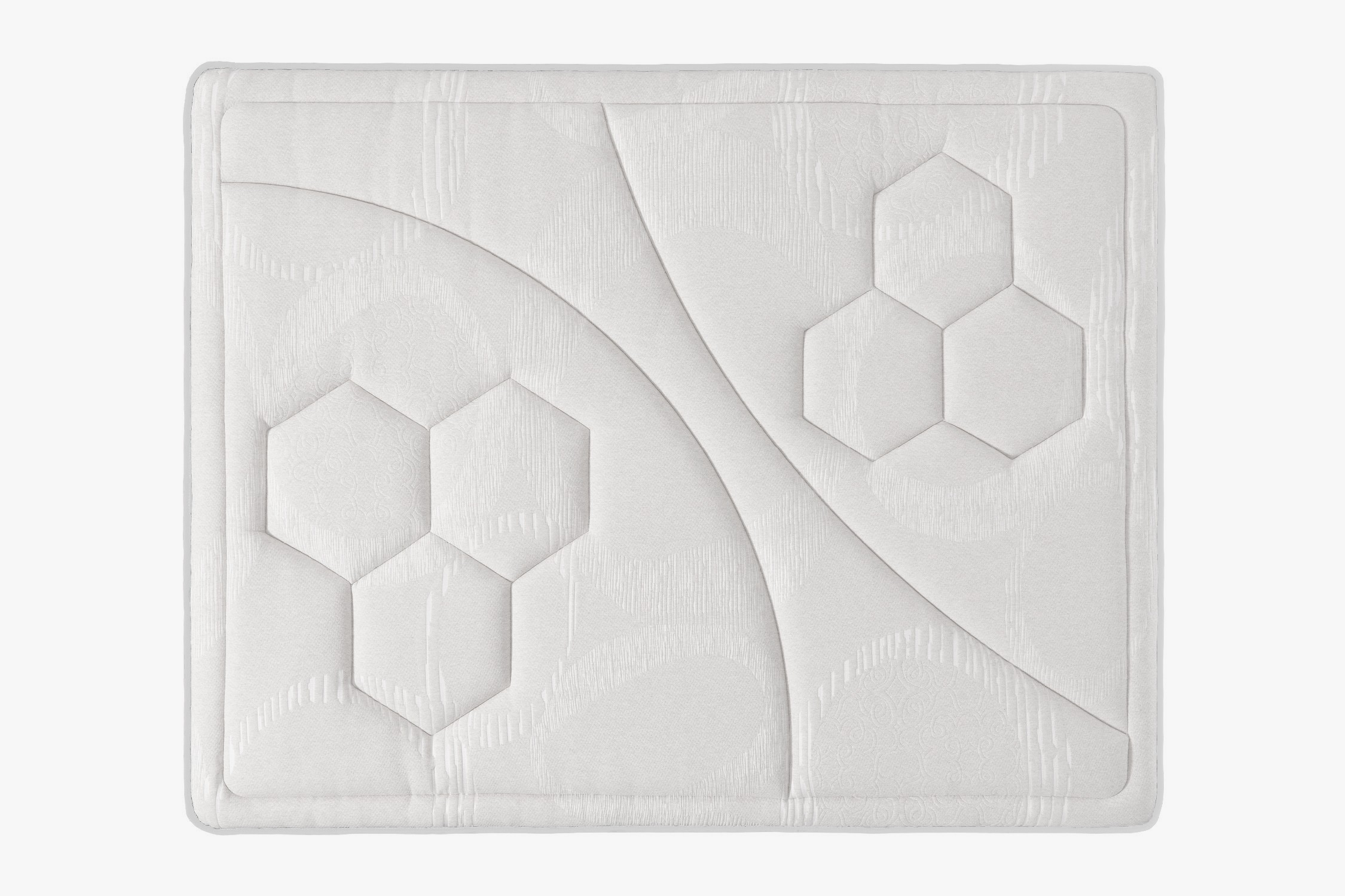 Colchón blanco con diseño de patrón hexagonal. El colchón está sobre un fondo blanco.