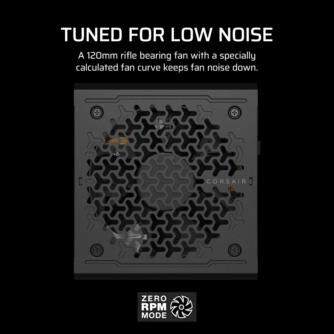 Czarny wentylator komputerowy z wzorzystą kratką. Tekst: Dostrojony do niskiego poziomu hałasu. Logo trybu Zero RPM.