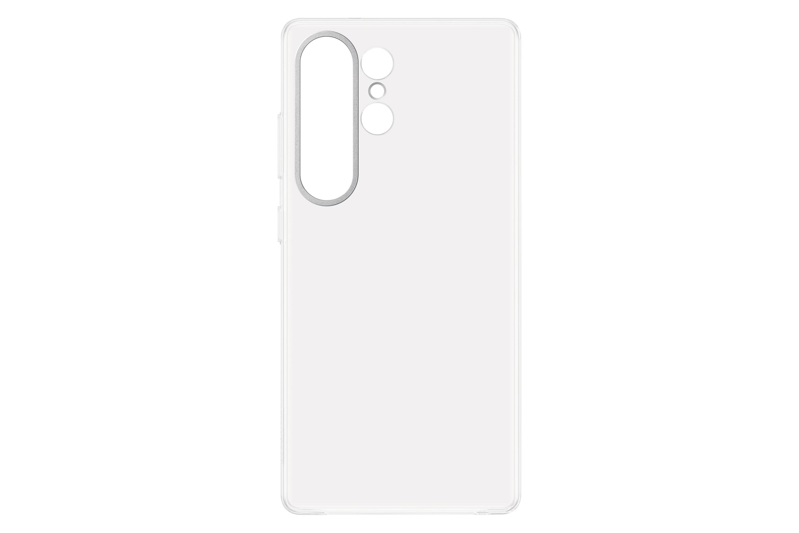 Transparante telefoonhoes. De achterkant van de telefoonhoes wordt getoond. Het heeft drie cameralenzen.
