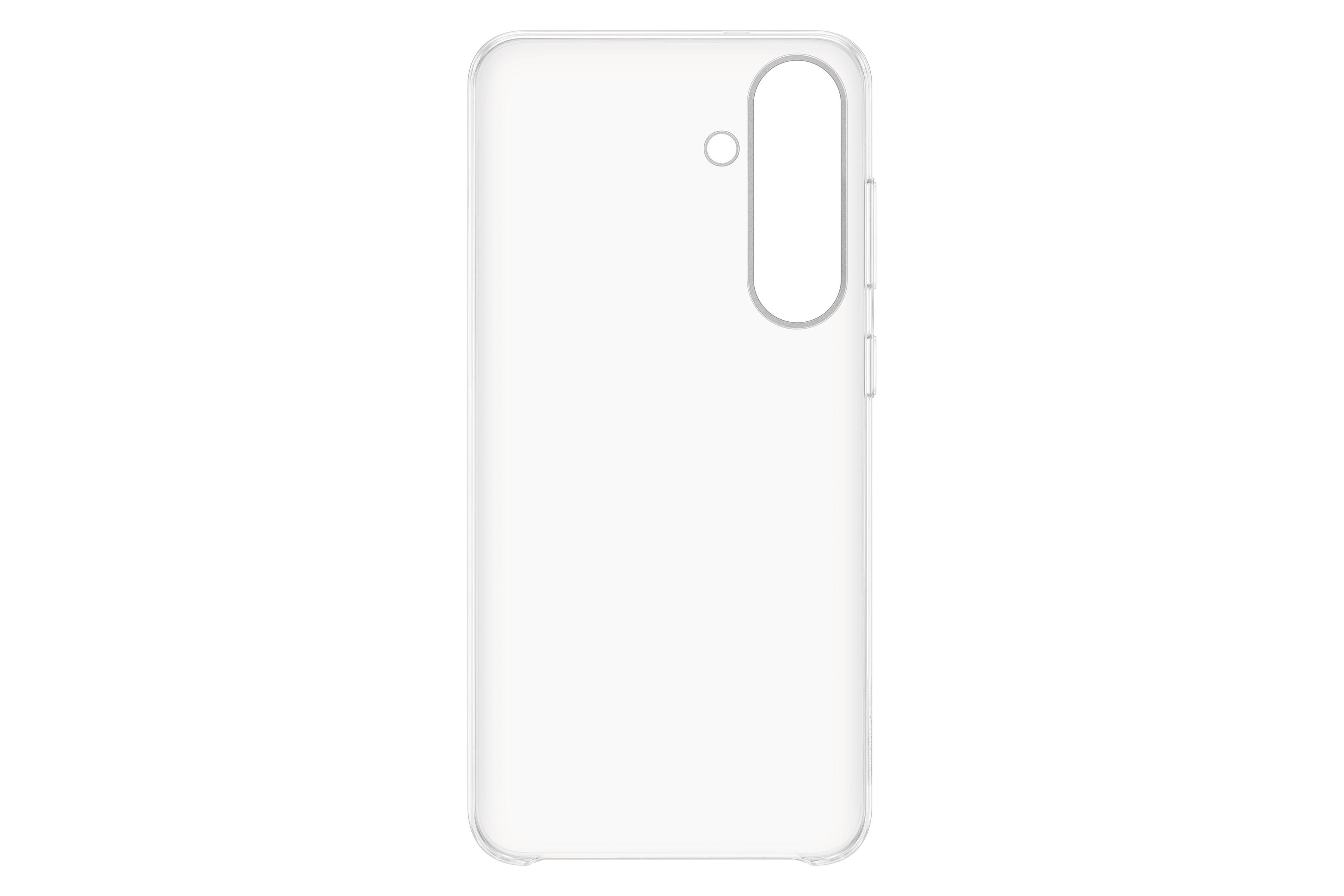 Una custodia trasparente per telefono, che mostra il contorno del dispositivo. Ha ritagli per la fotocamera e i pulsanti.