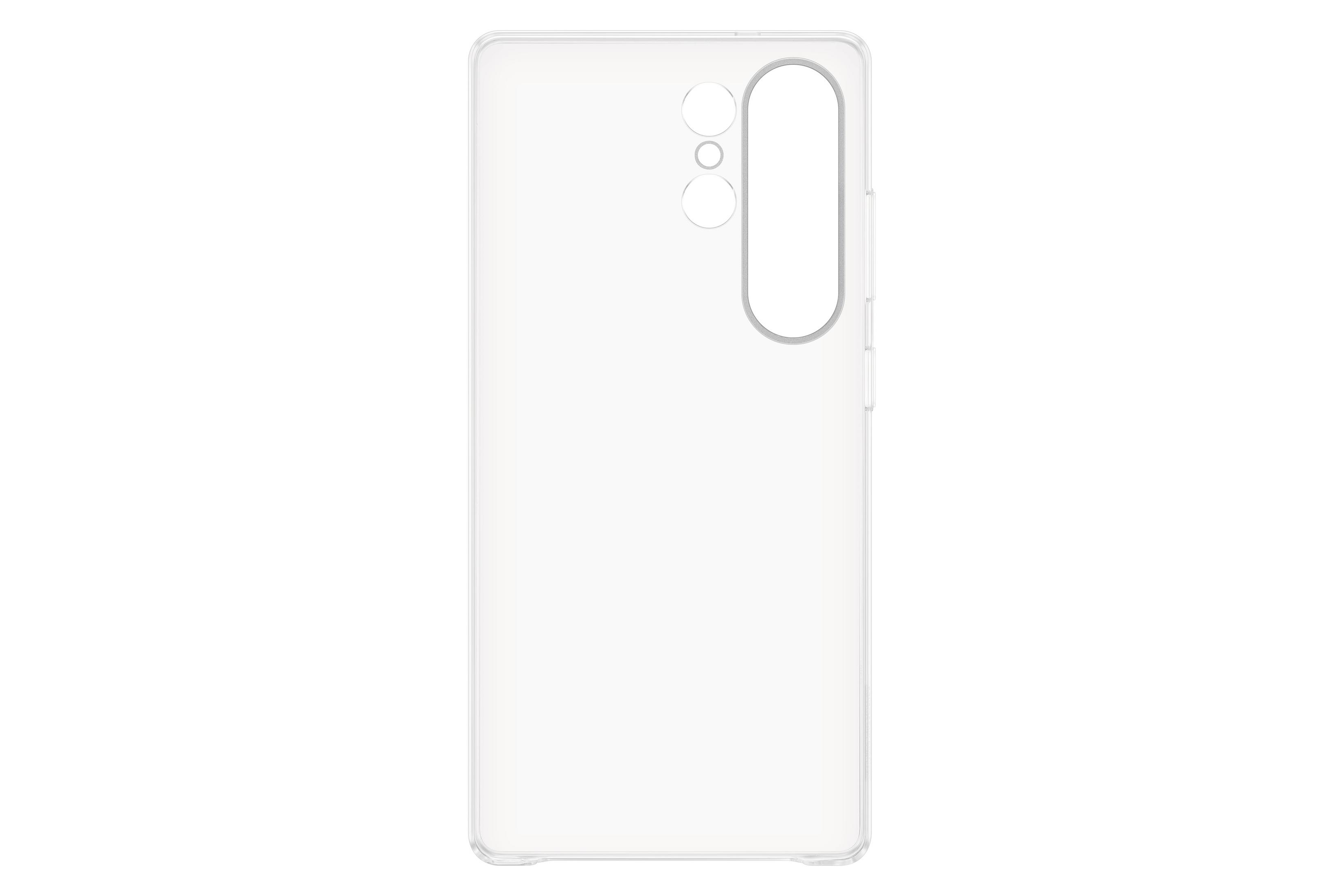 Een transparante telefoonhoes, die de omtrek van het apparaat laat zien. Er zijn uitsparingen voor de camera en de knoppen.