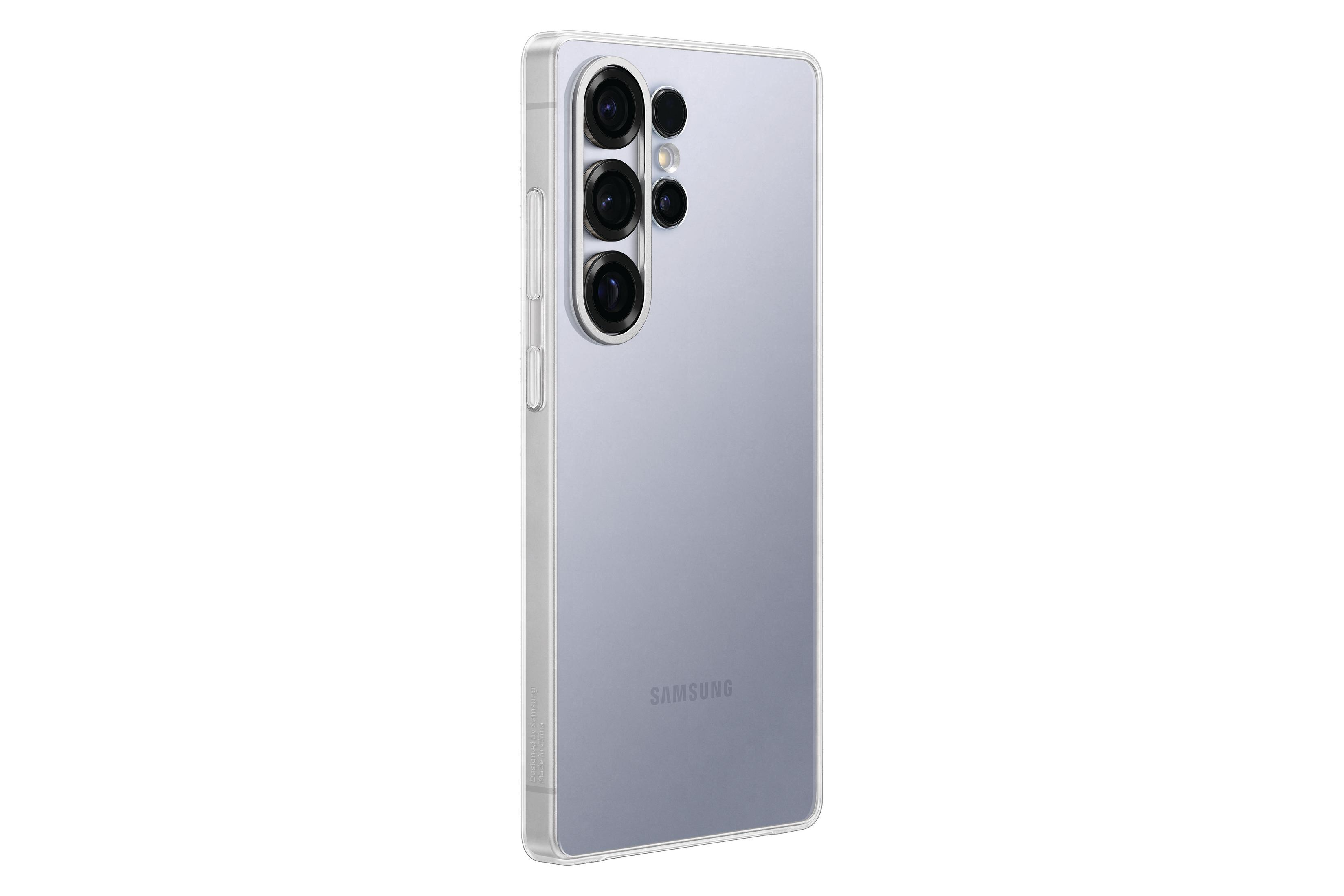Een paarse Samsung telefoon met drie camera's aan de achterkant, schuine weergave.