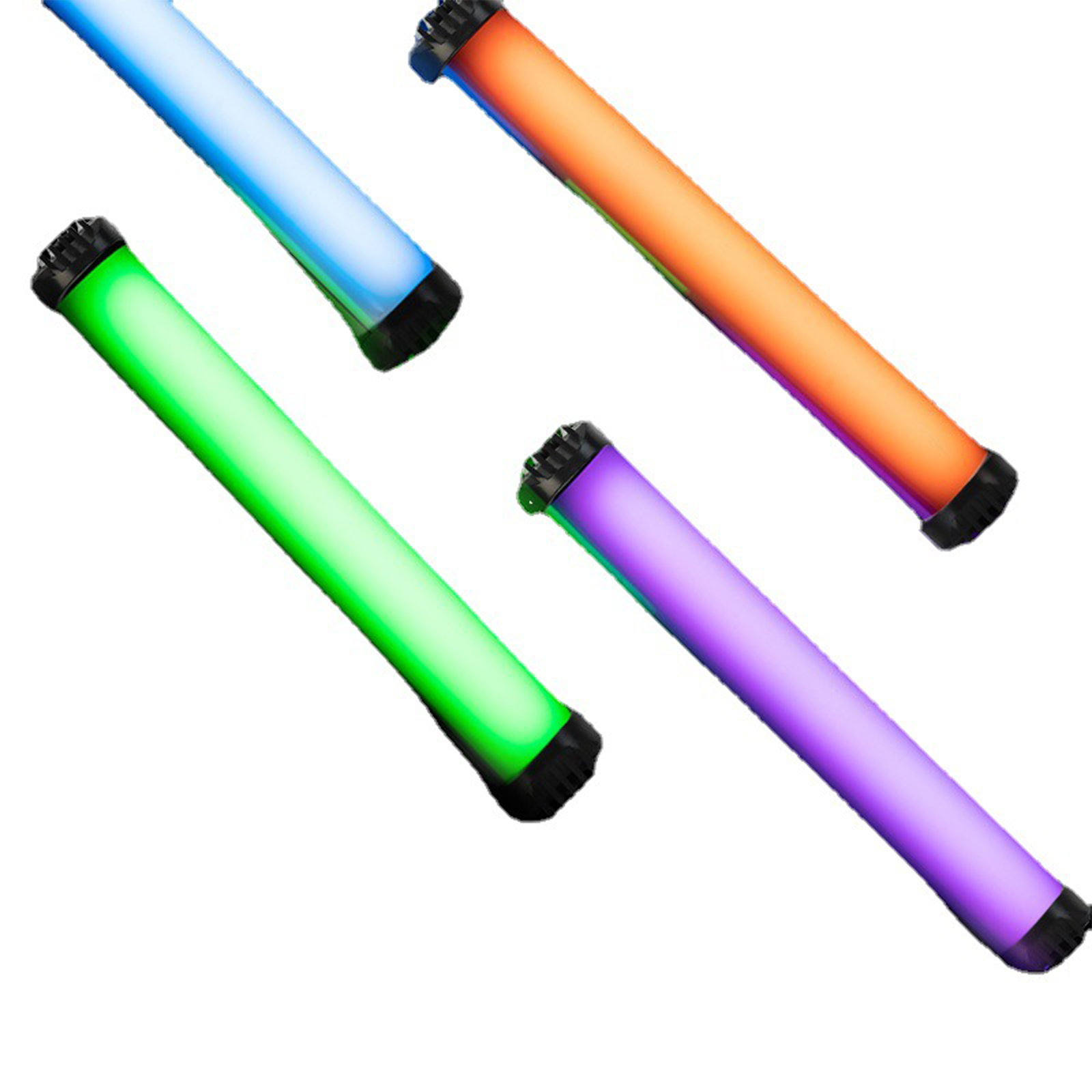 Vier farbige LED-Röhren, die jeweils unterschiedliche Farben ausstrahlen: Blau, Orange, Grün, Lila.