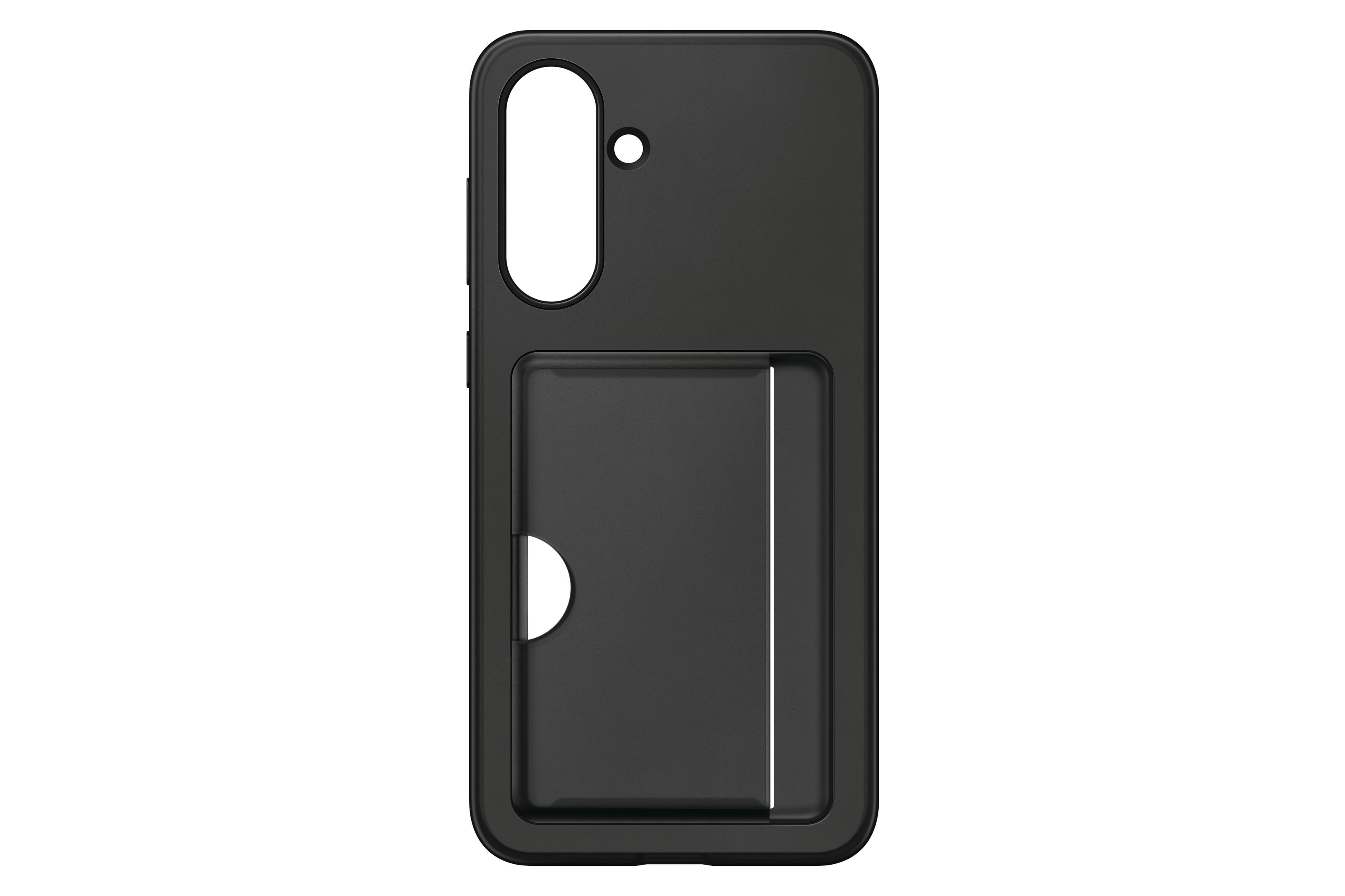 Coque de téléphone noire avec fente pour carte. Fond : blanc.