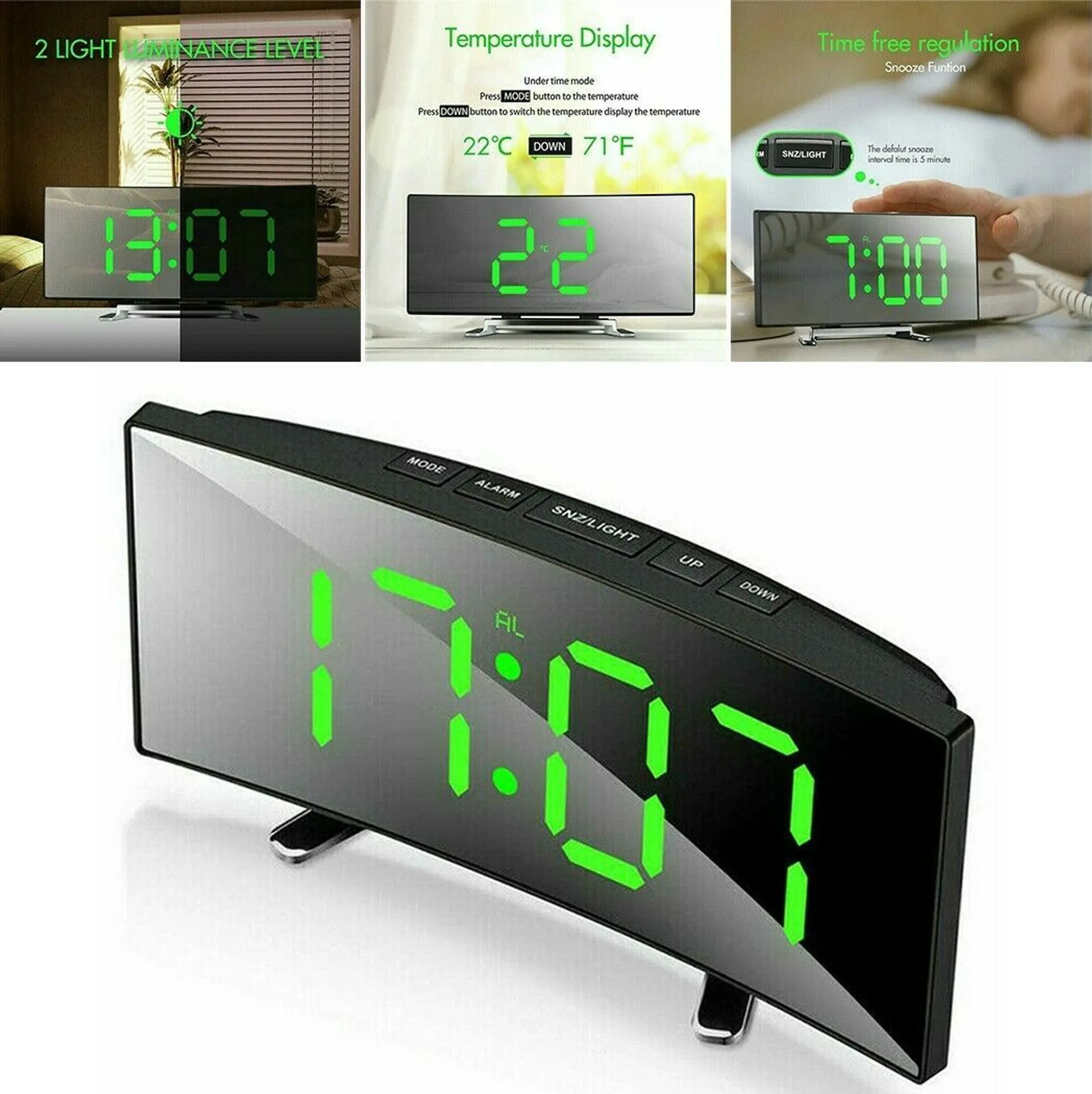 Ein schwarzer digitaler Wecker mit grünen Zahlen, der Zeit und Temperatur anzeigt.