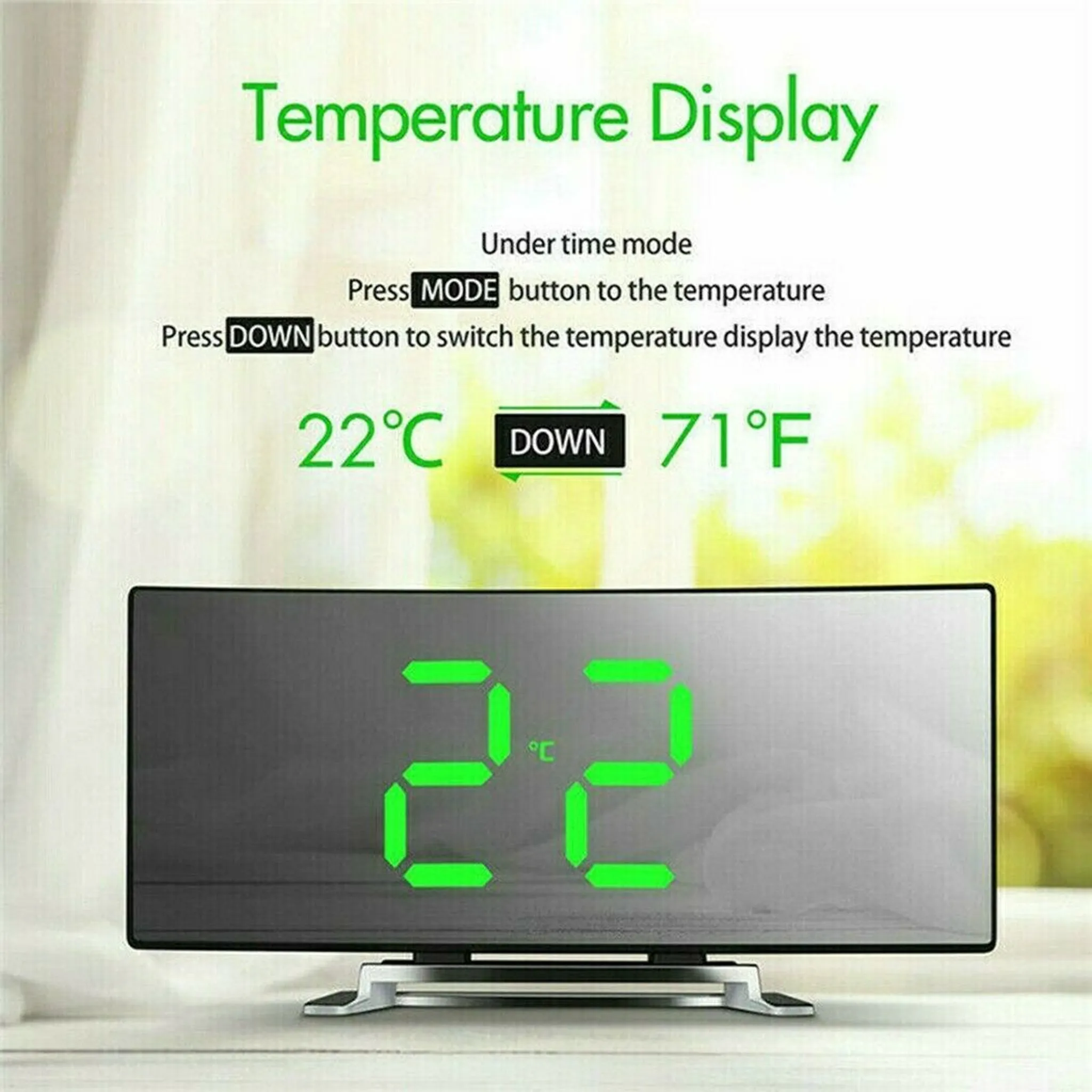 Digitaluhr zeigt 22°C und 71°F. Text zeigt, dass die MODE-Taste gedrückt werden muss.