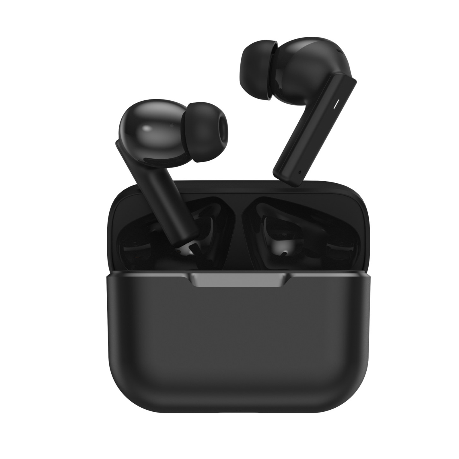 Auricolari neri in un astuccio di ricarica nero.
