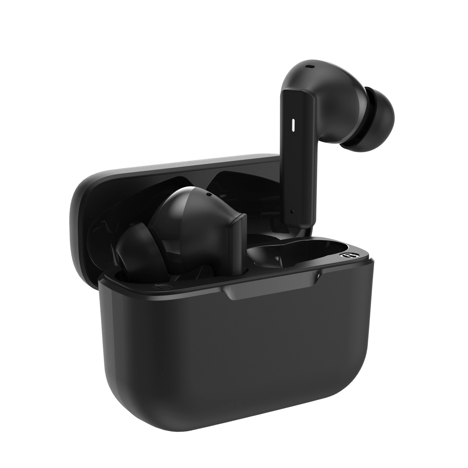 Auricolari wireless neri in una custodia di ricarica nera aperta. Sfondo bianco.