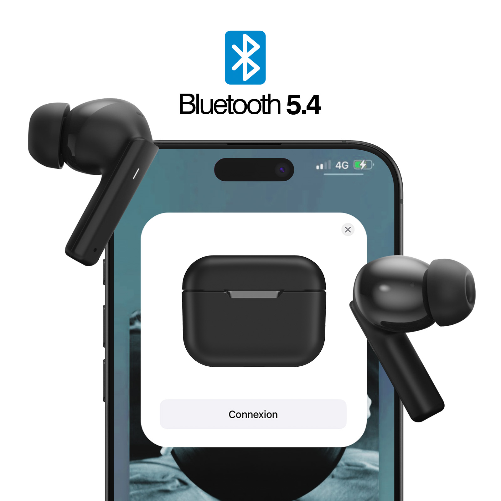 Auricolari wireless neri con custodia di ricarica. Un telefono mostra la connessione Bluetooth 5.4.