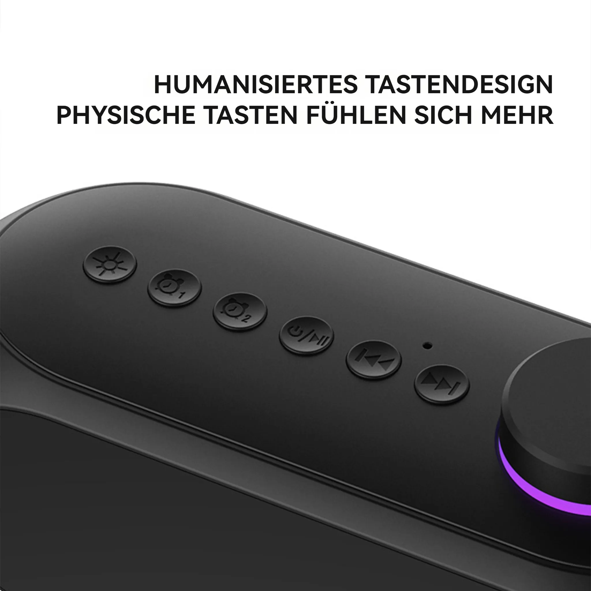 Schwarzer Lautsprecher mit Knöpfen und Lautstärkeregler. Text auf Deutsch oben.