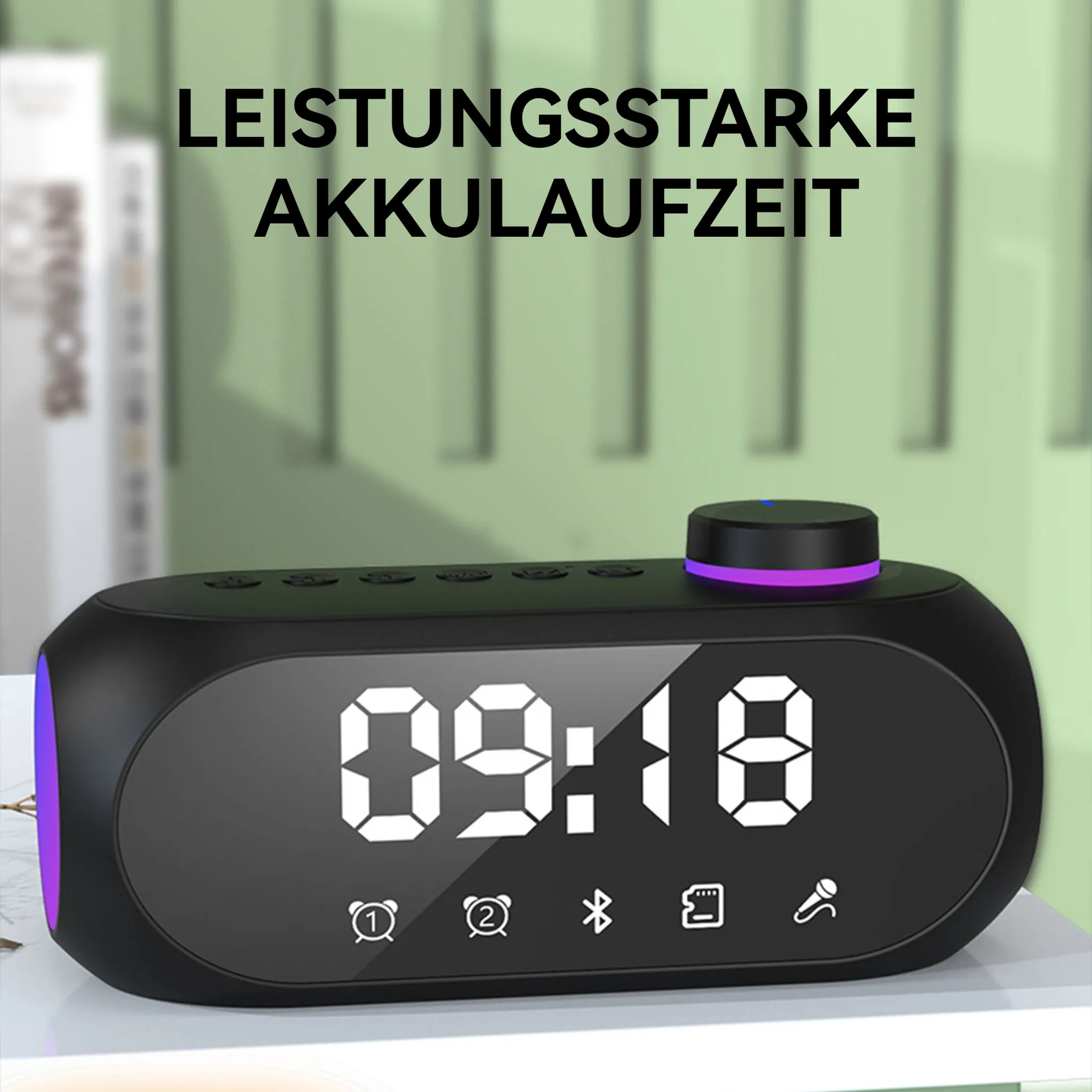 Eine schwarze Digitaluhr mit lila Oberseite und Text: STARKLE AKKULAUFZEIT.