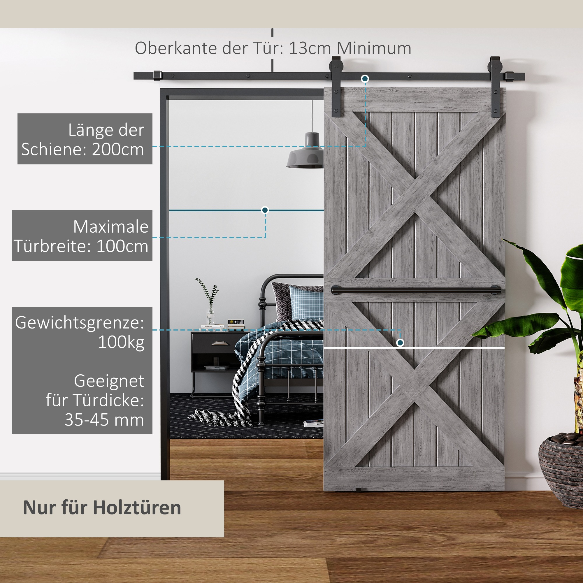 Eine Holztür mit schwarzer Schiene in einem Innenraum. Anweisungen und Abmessungen werden gezeigt.