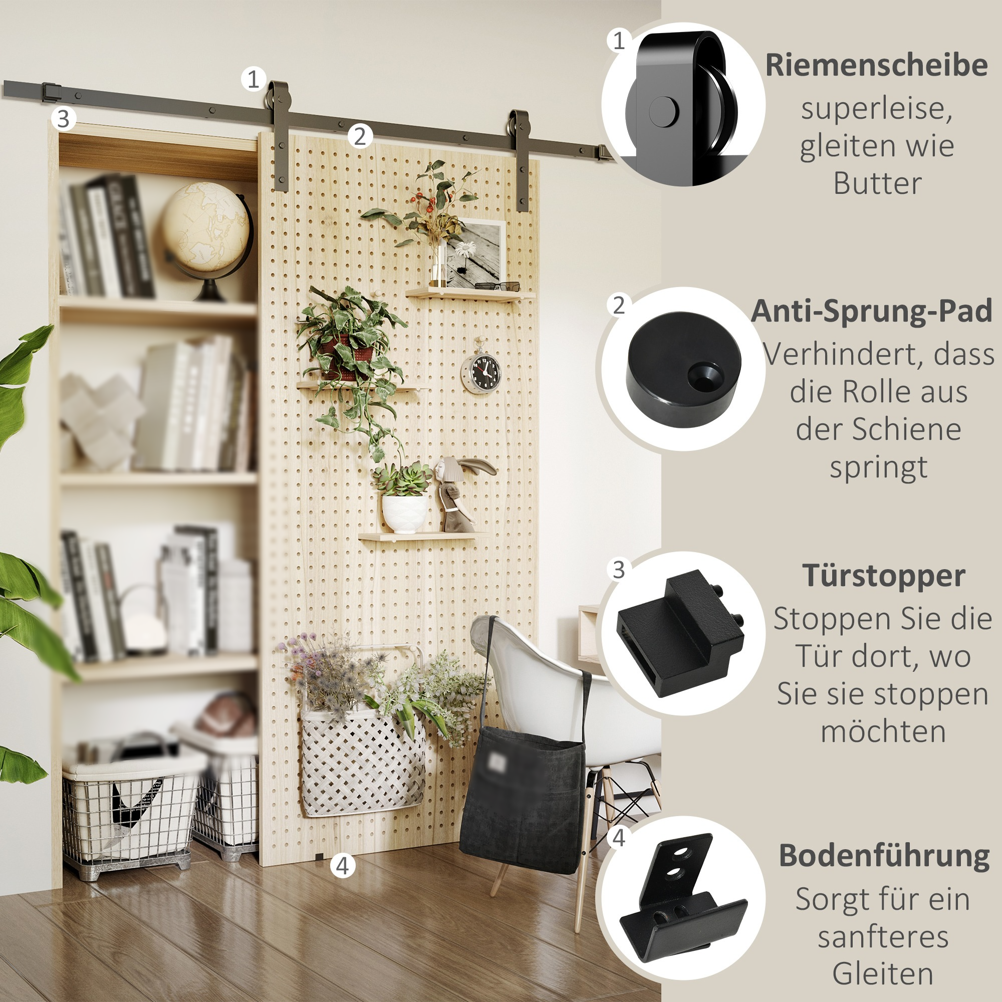 Schiebetür-Setup mit Bücherregal im Hintergrund. Anweisungen sind nummeriert. Elemente sind beschriftet.